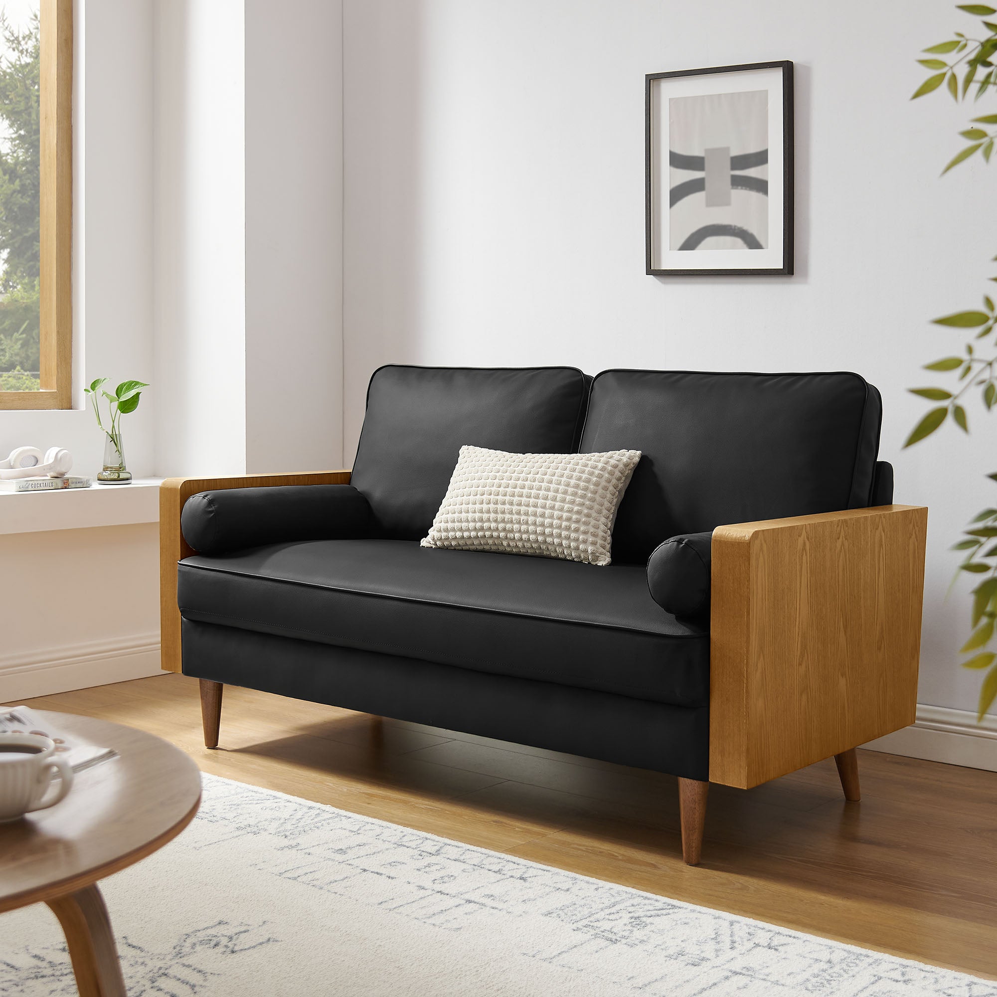 Kellan Vegan Leather Loveseat, Walnut Black
