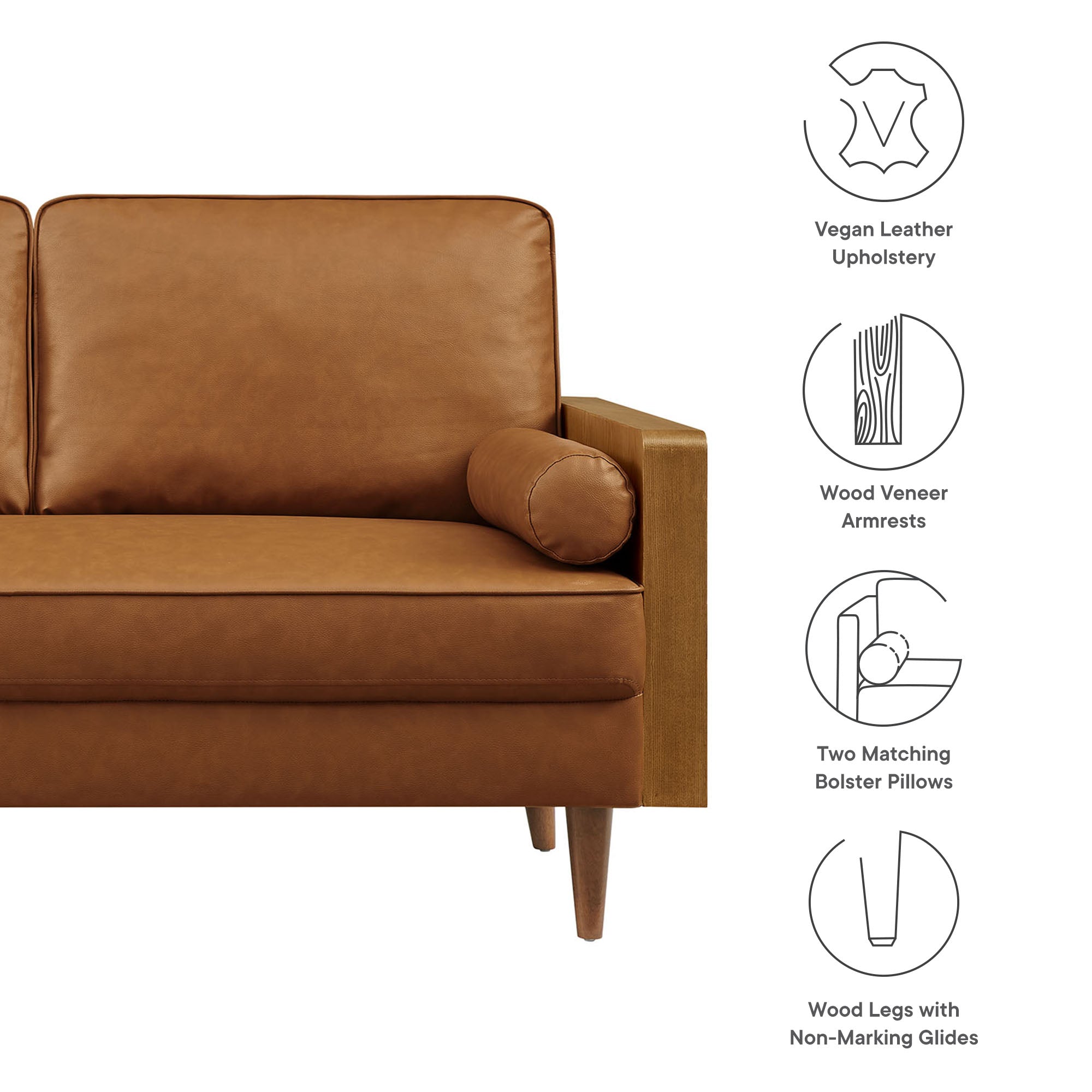 Kellan Vegan Leather Loveseat, Walnut Tan