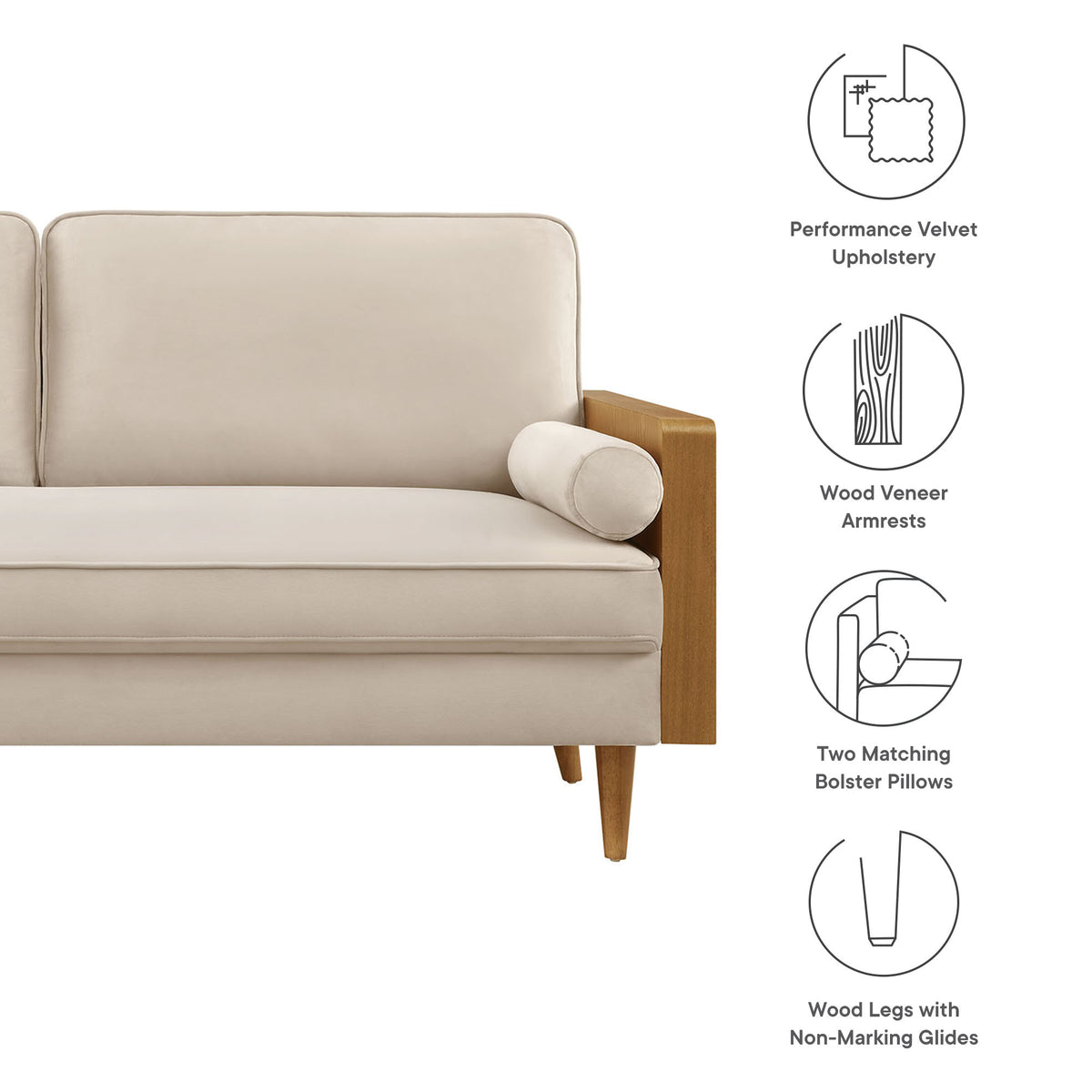 Kellan Performance Velvet Sofa, Walnut Almond