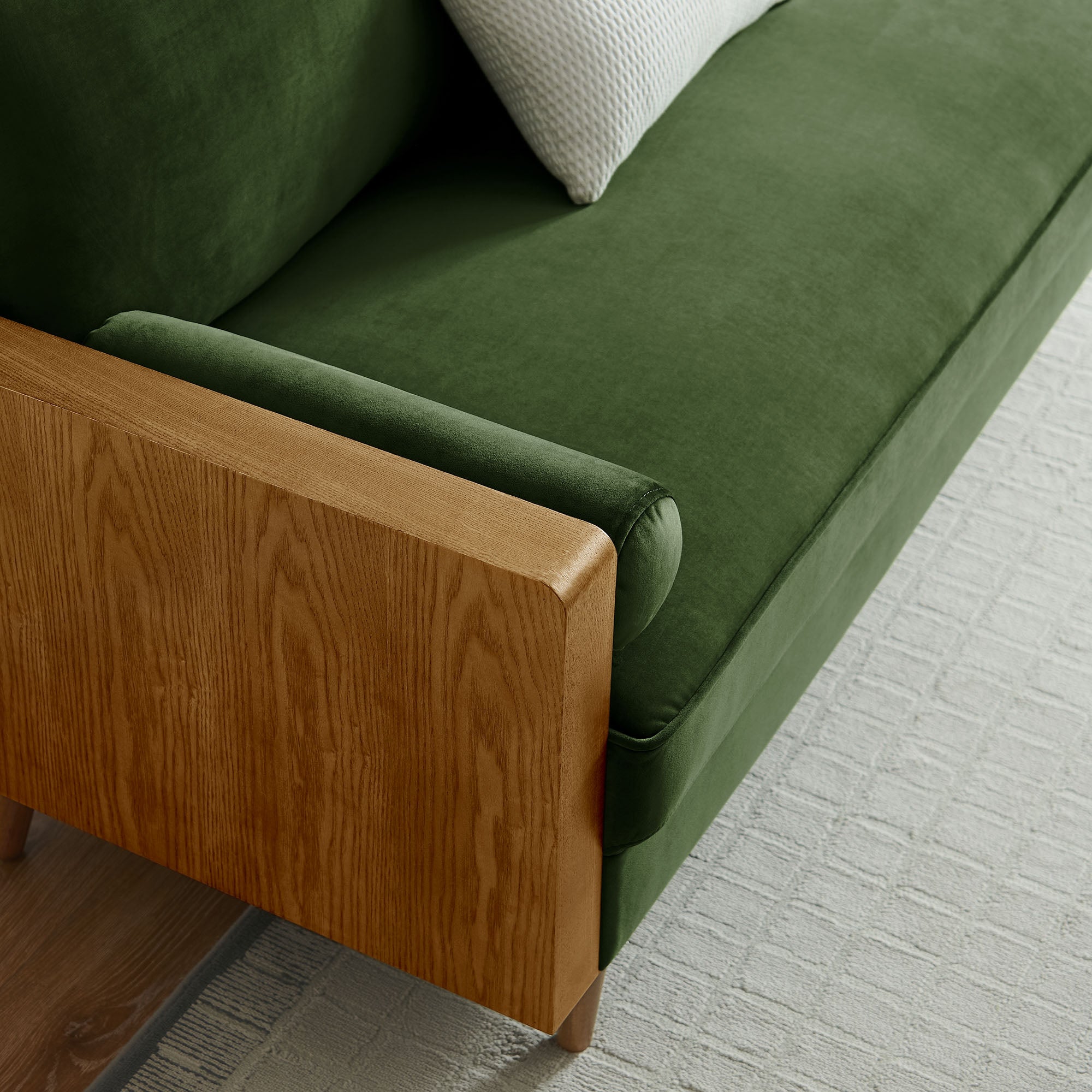 Kellan Performance Velvet Sofa, Walnut Moss Green