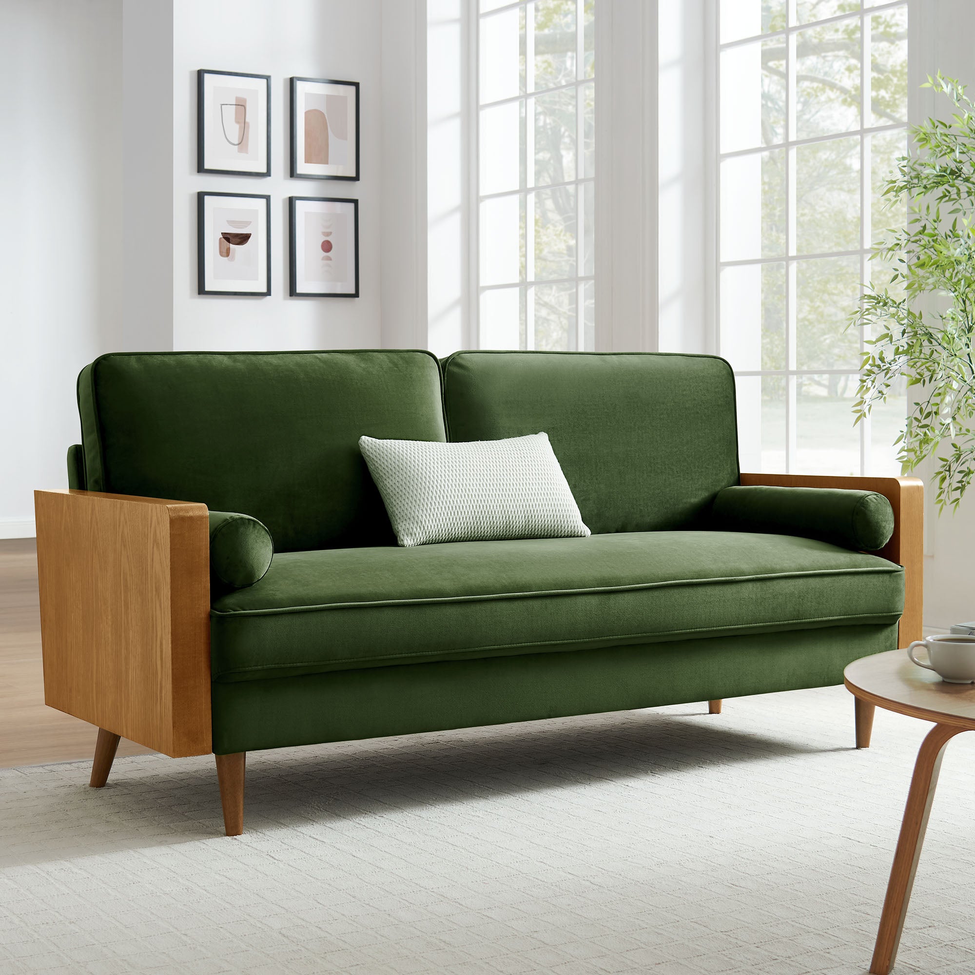 Kellan Performance Velvet Sofa, Walnut Moss Green
