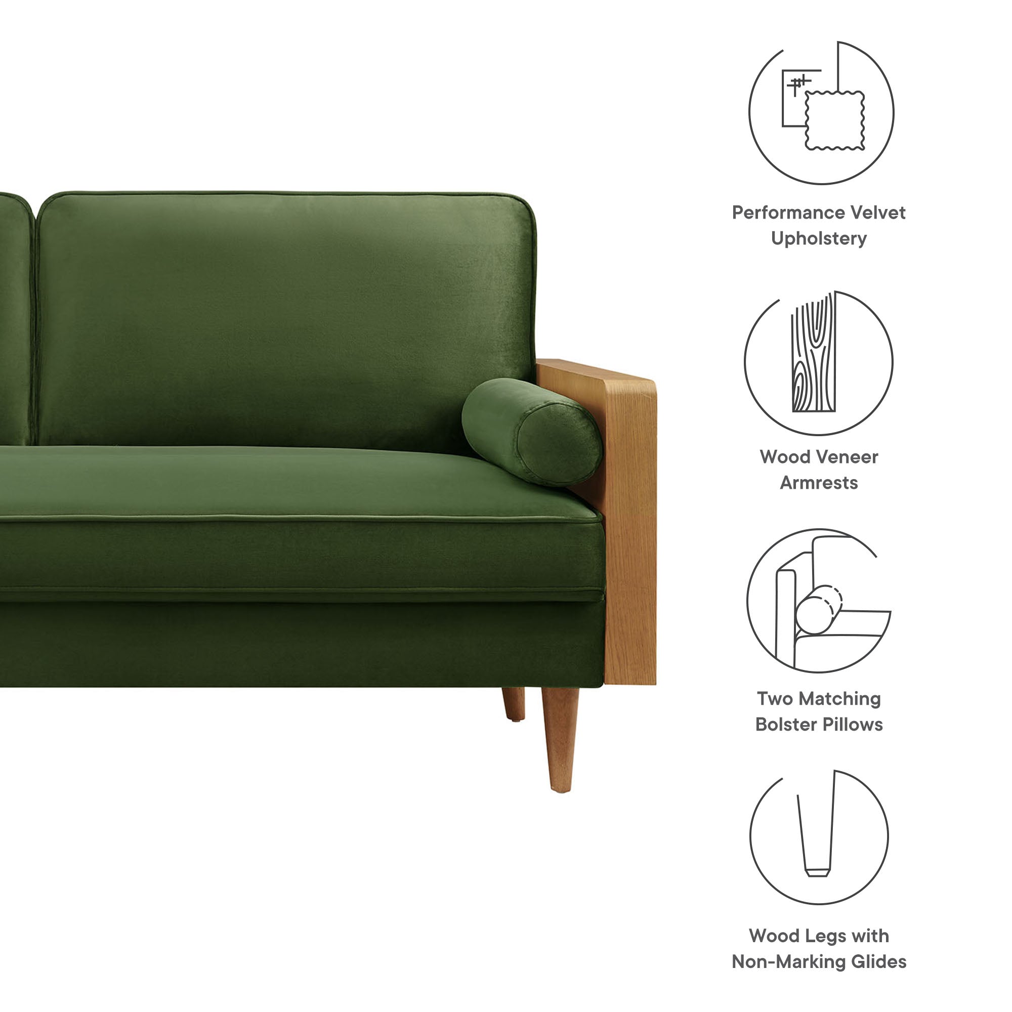 Kellan Performance Velvet Sofa, Walnut Moss Green