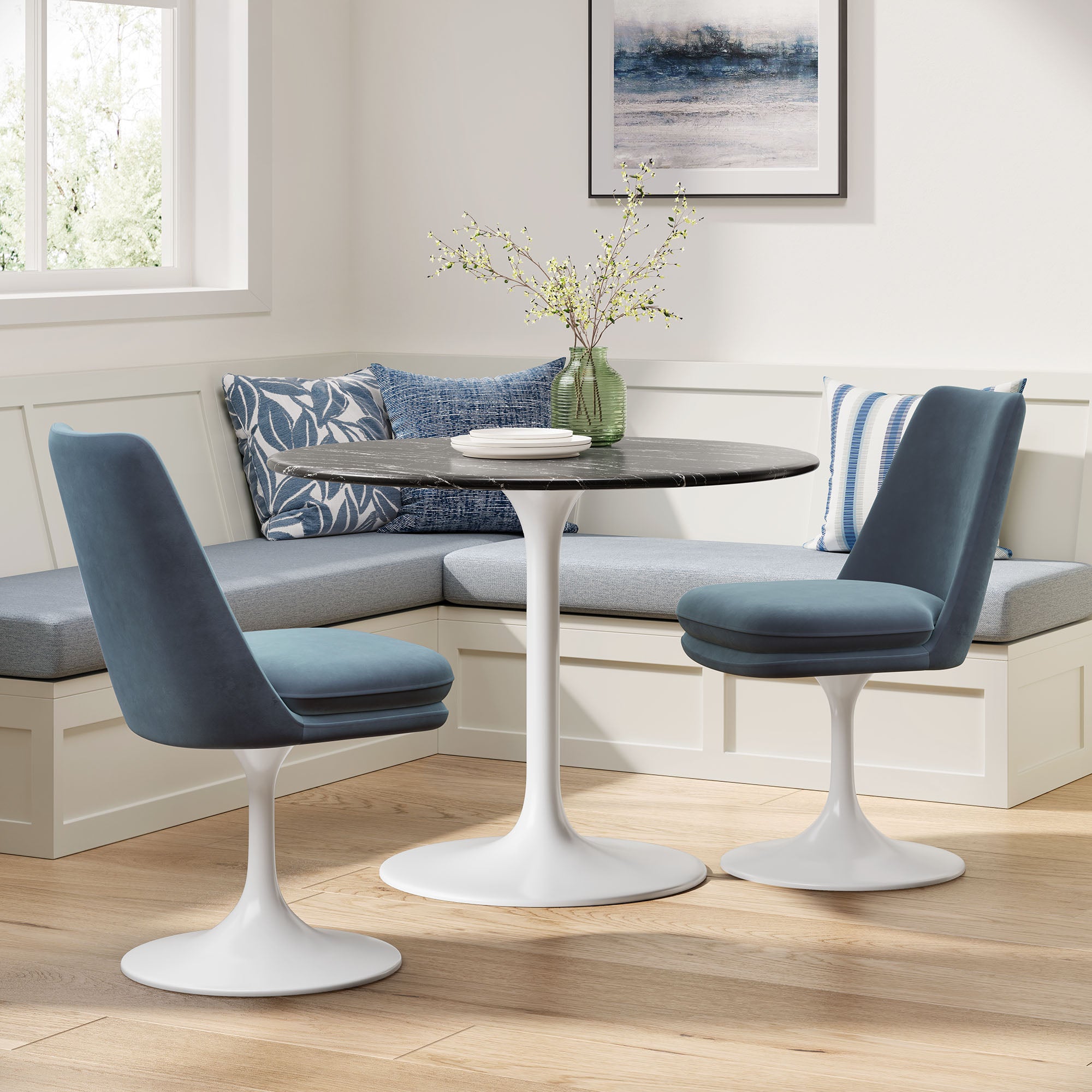 Lippa Swivel Dining Performance Velvet Side Chair, White Cadet Blue