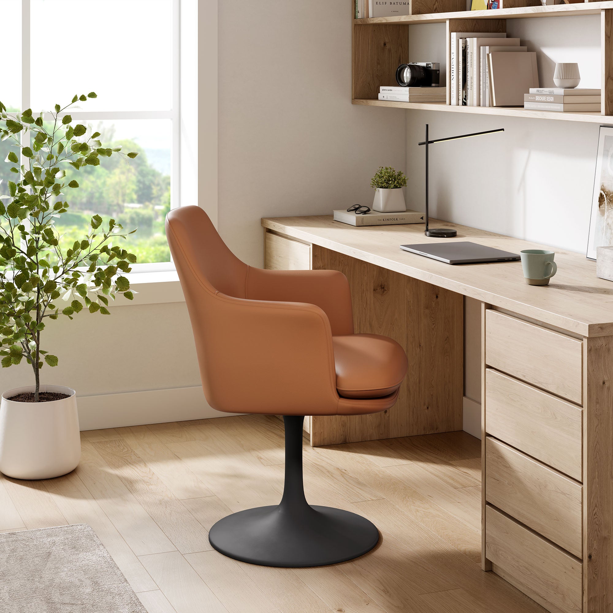 Lippa Swivel Dining Vegan Leather Armchair, Black Tan