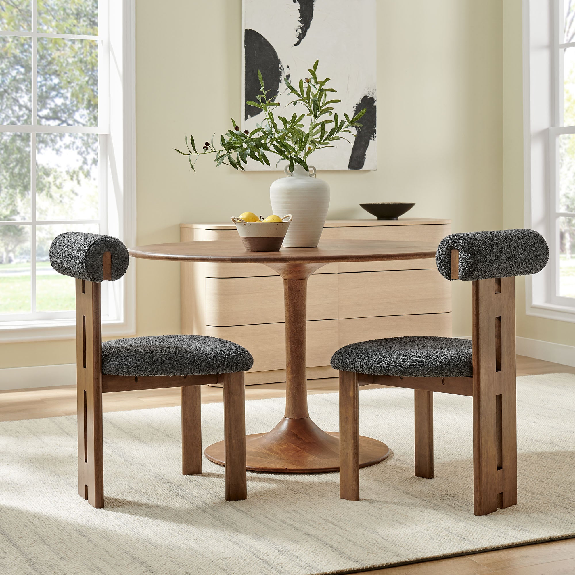 Torian Boucle Fabric Dining Chair Set of 2, Walnut Charcoal