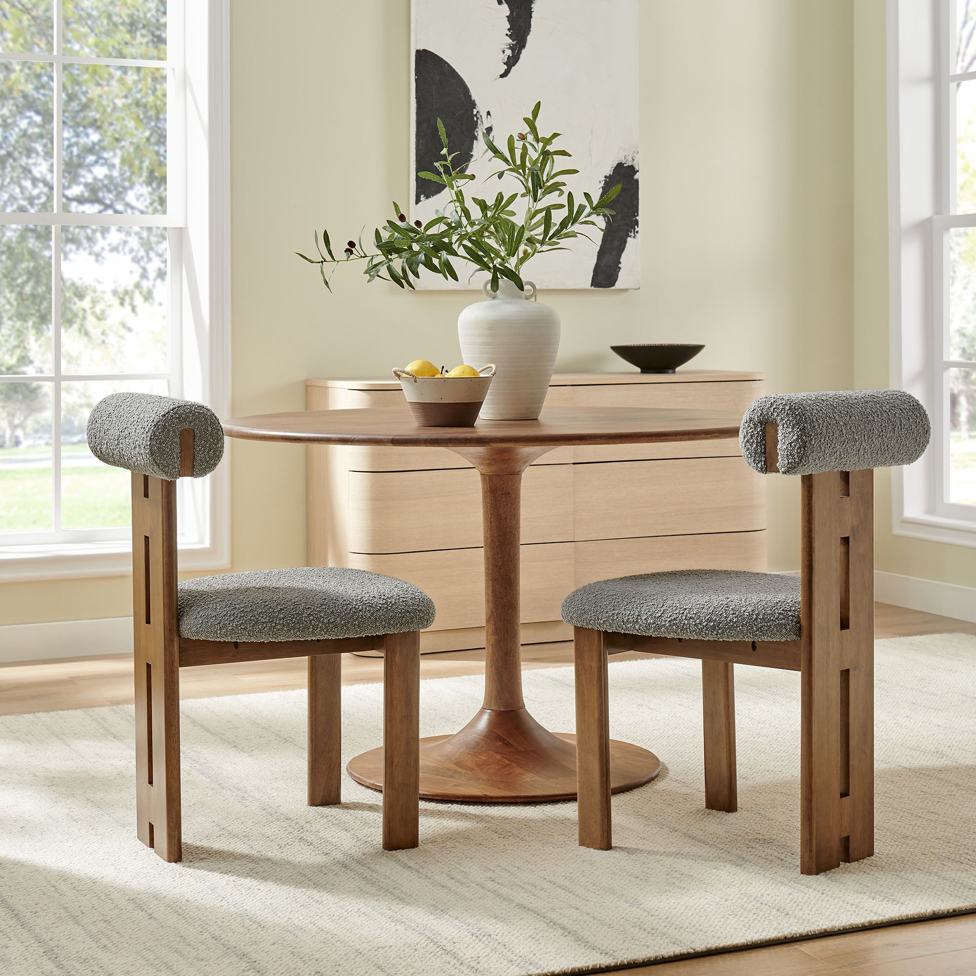 Torian Boucle Fabric Dining Chair Set of 2, Walnut Light Gray