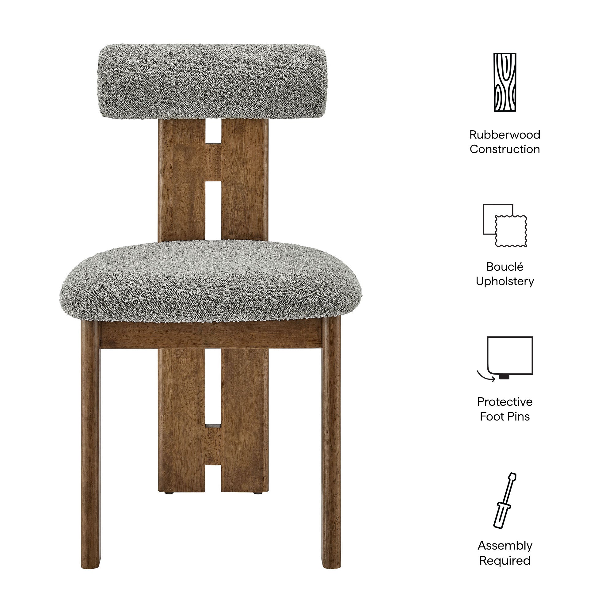 Torian Boucle Fabric Dining Chair Set of 2, Walnut Light Gray