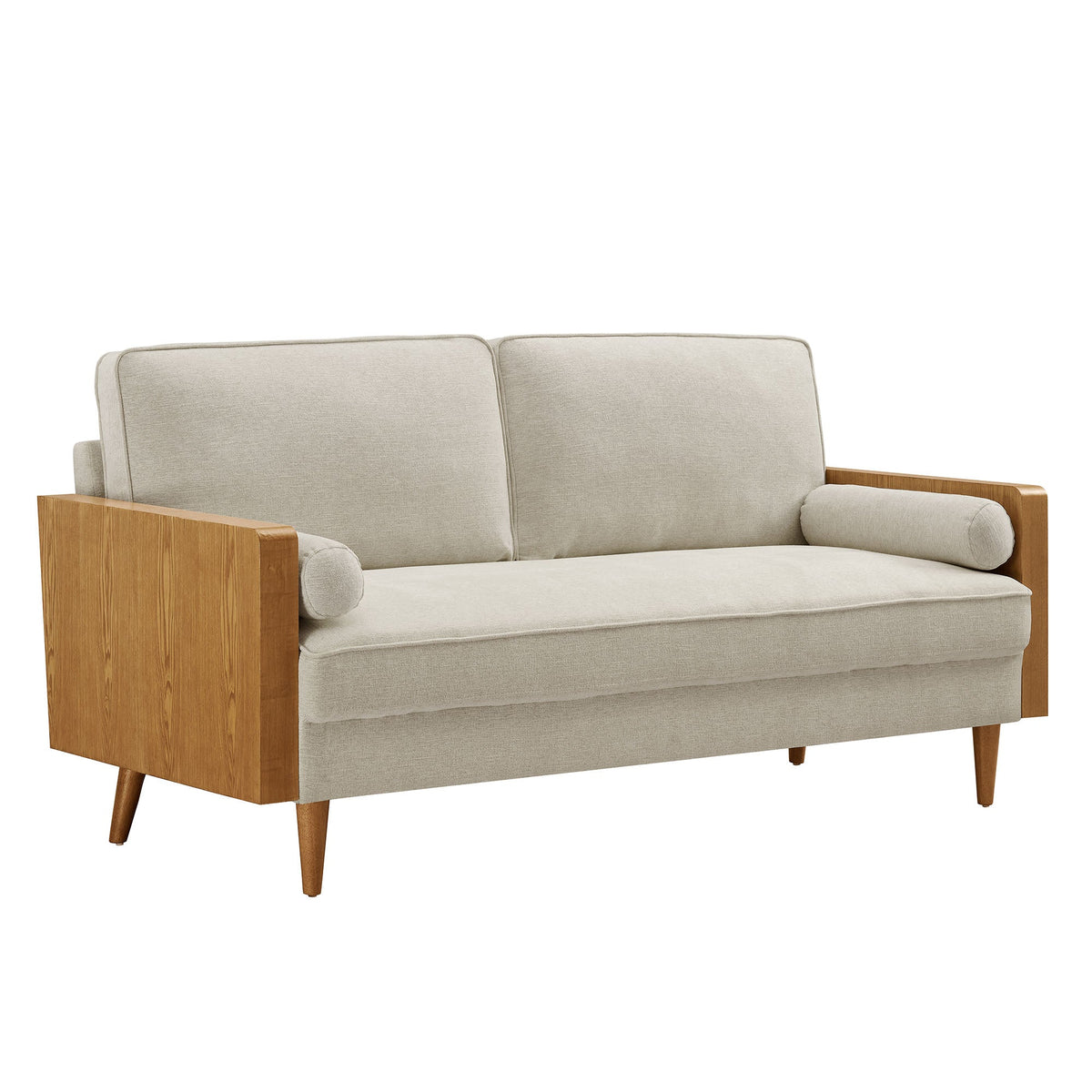 Kellan Heathered Fabric Upholstered Sofa, Walnut Heathered Weave Light Beige