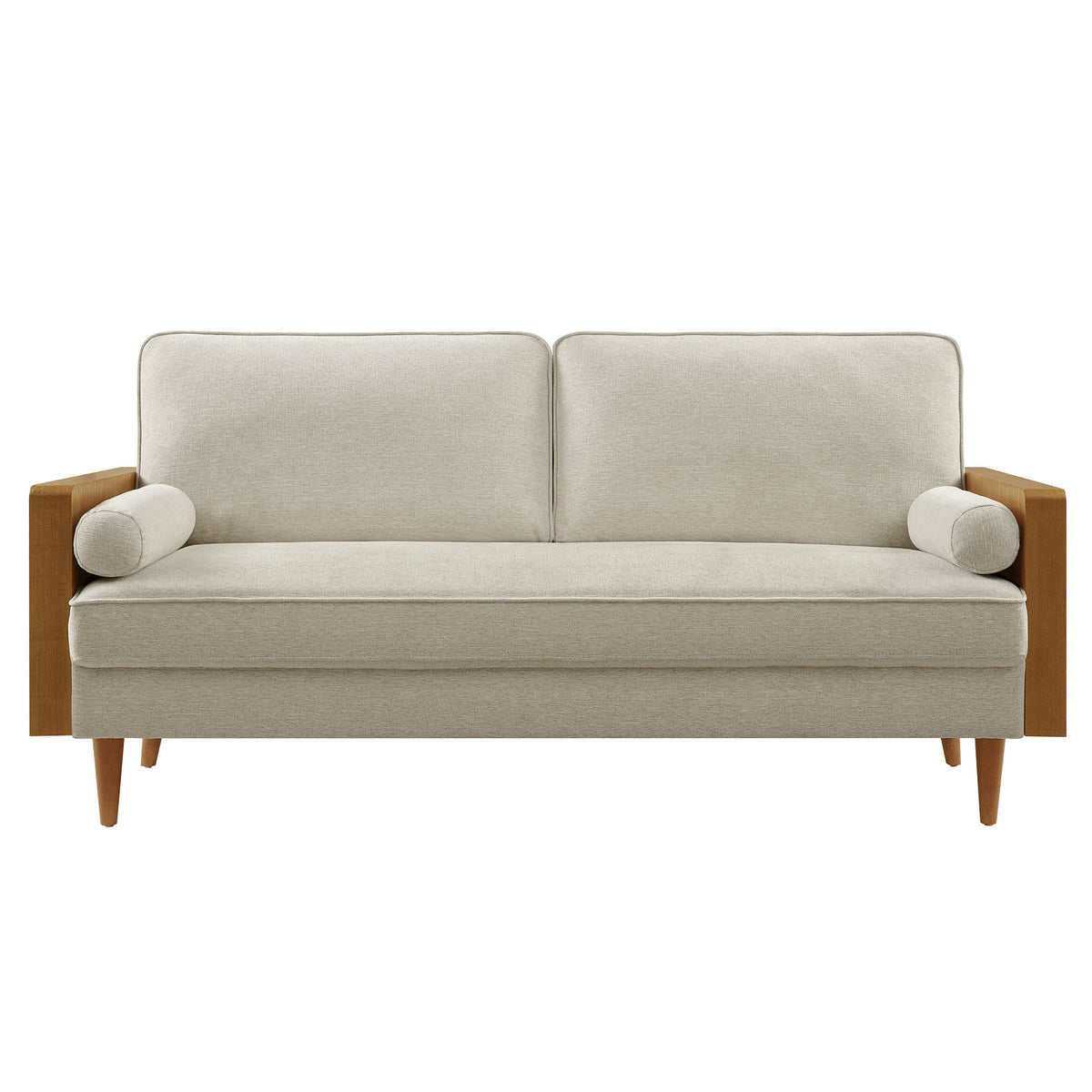 Kellan Heathered Fabric Upholstered Sofa, Walnut Heathered Weave Light Beige