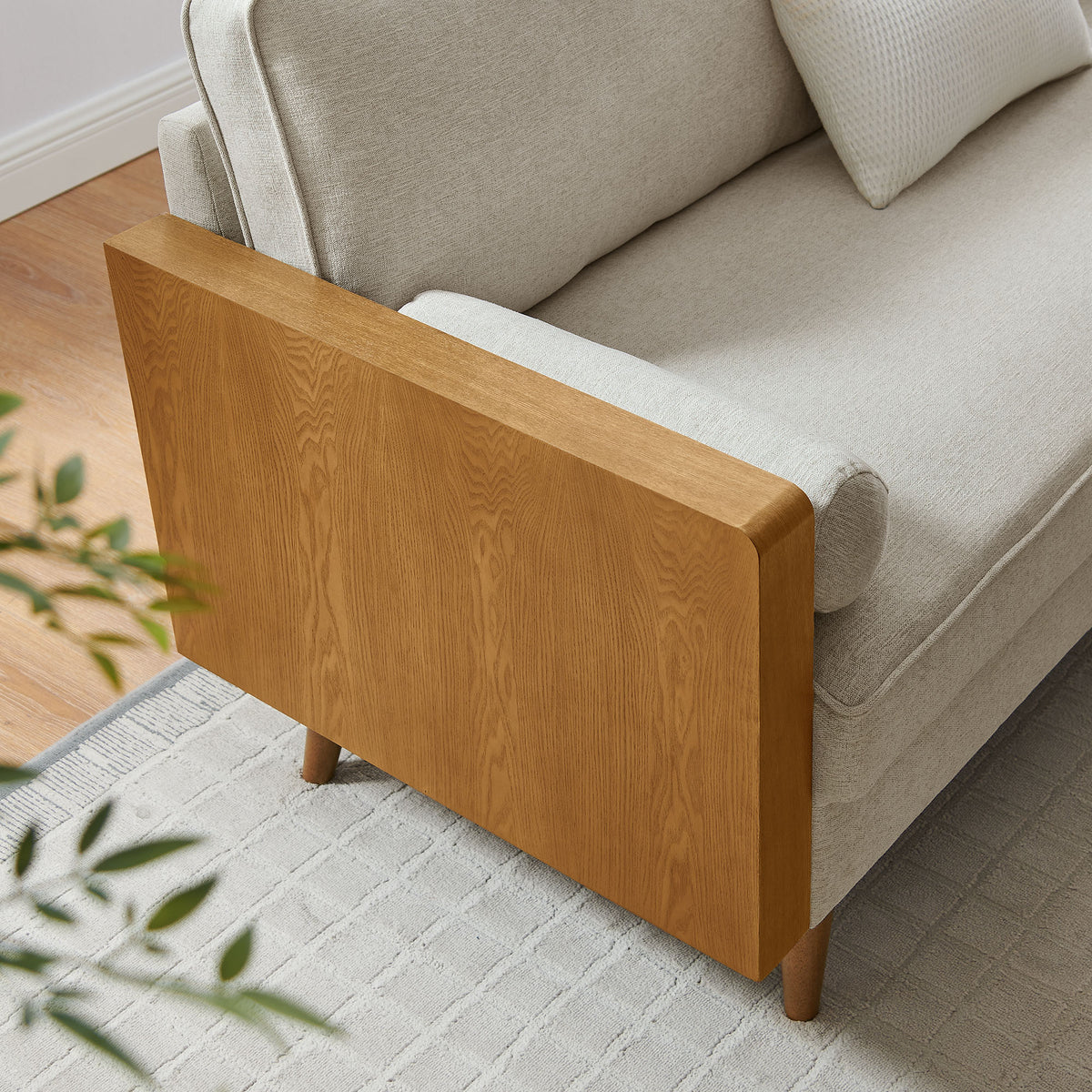 Kellan Heathered Fabric Upholstered Sofa, Walnut Heathered Weave Light Beige