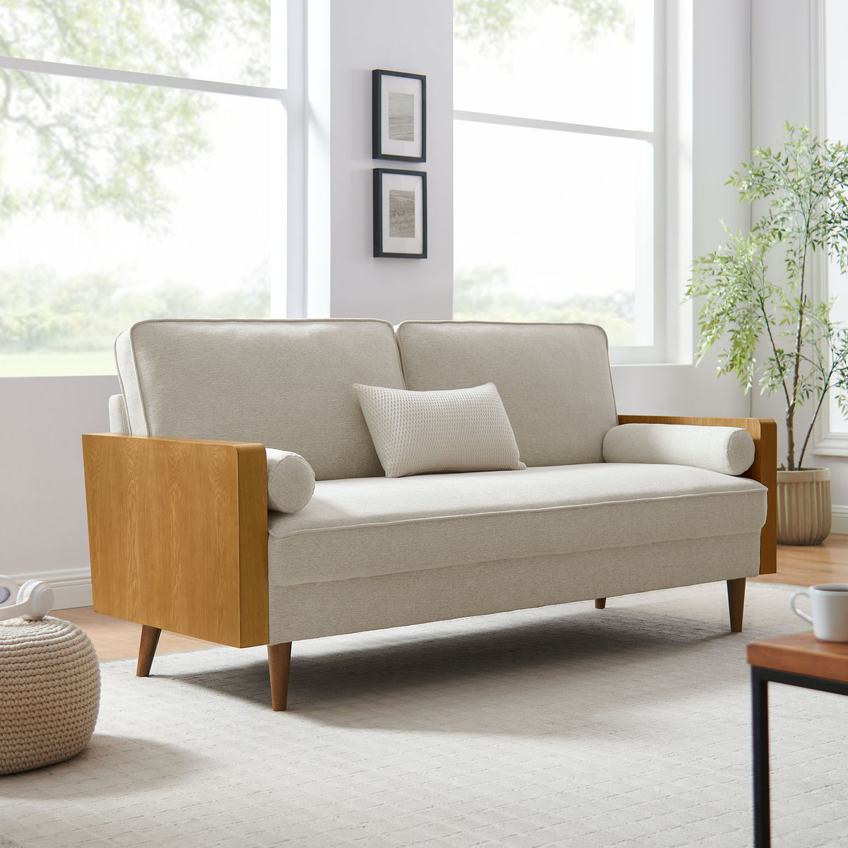 Kellan Heathered Fabric Upholstered Sofa, Walnut Heathered Weave Light Beige