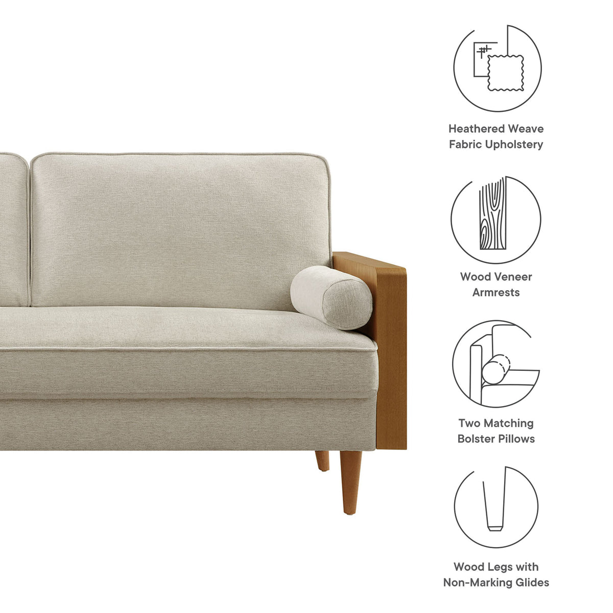 Kellan Heathered Fabric Upholstered Sofa, Walnut Heathered Weave Light Beige
