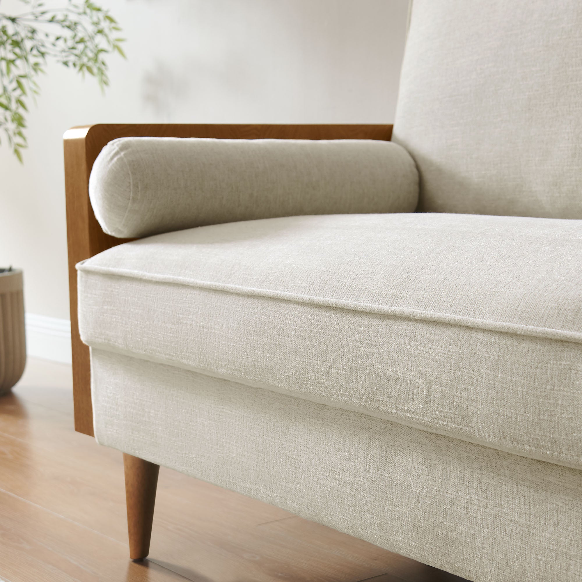 Kellan Heathered Weave Fabric Loveseat, Walnut Heathered Weave Light Beige