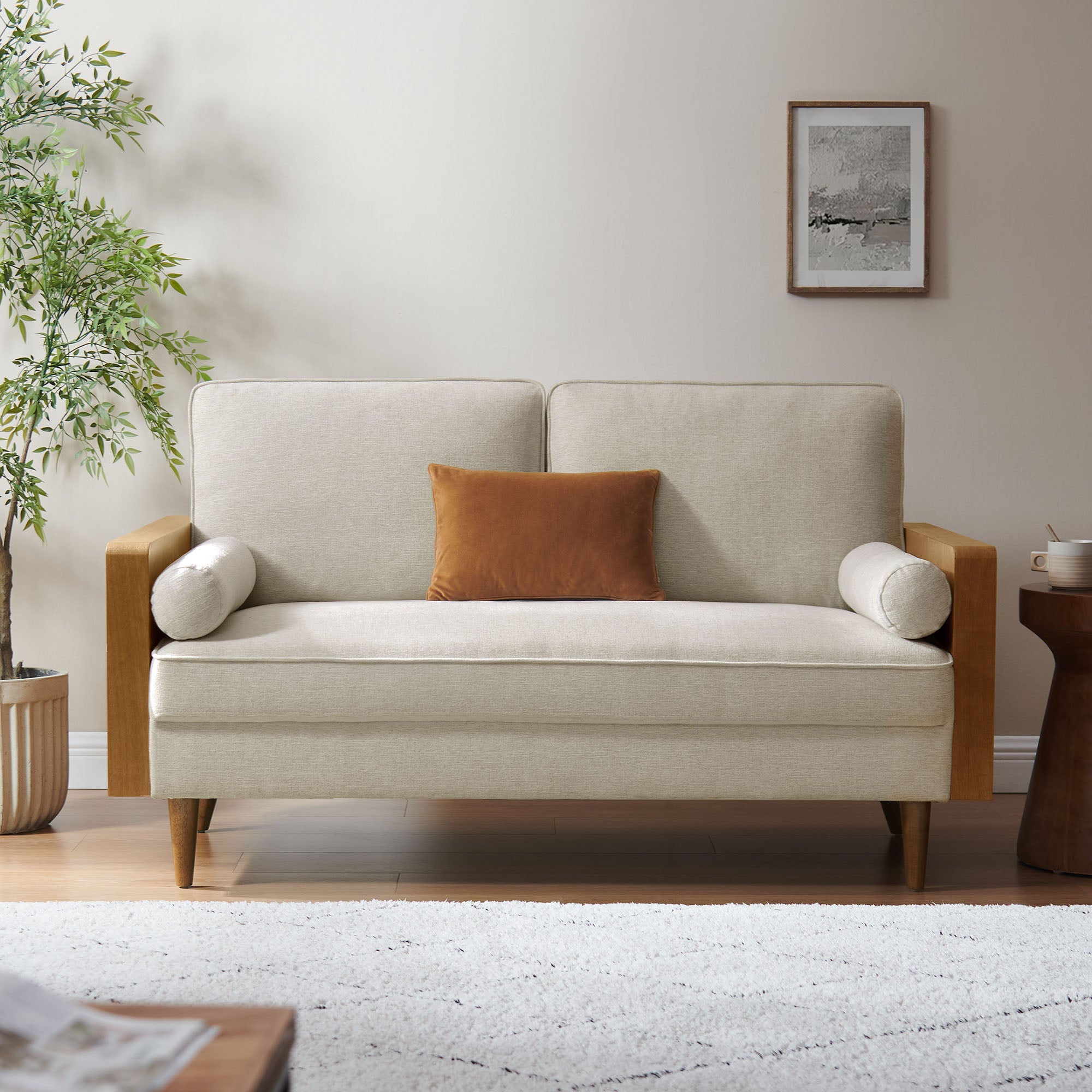 Kellan Heathered Weave Fabric Loveseat, Walnut Heathered Weave Light Beige