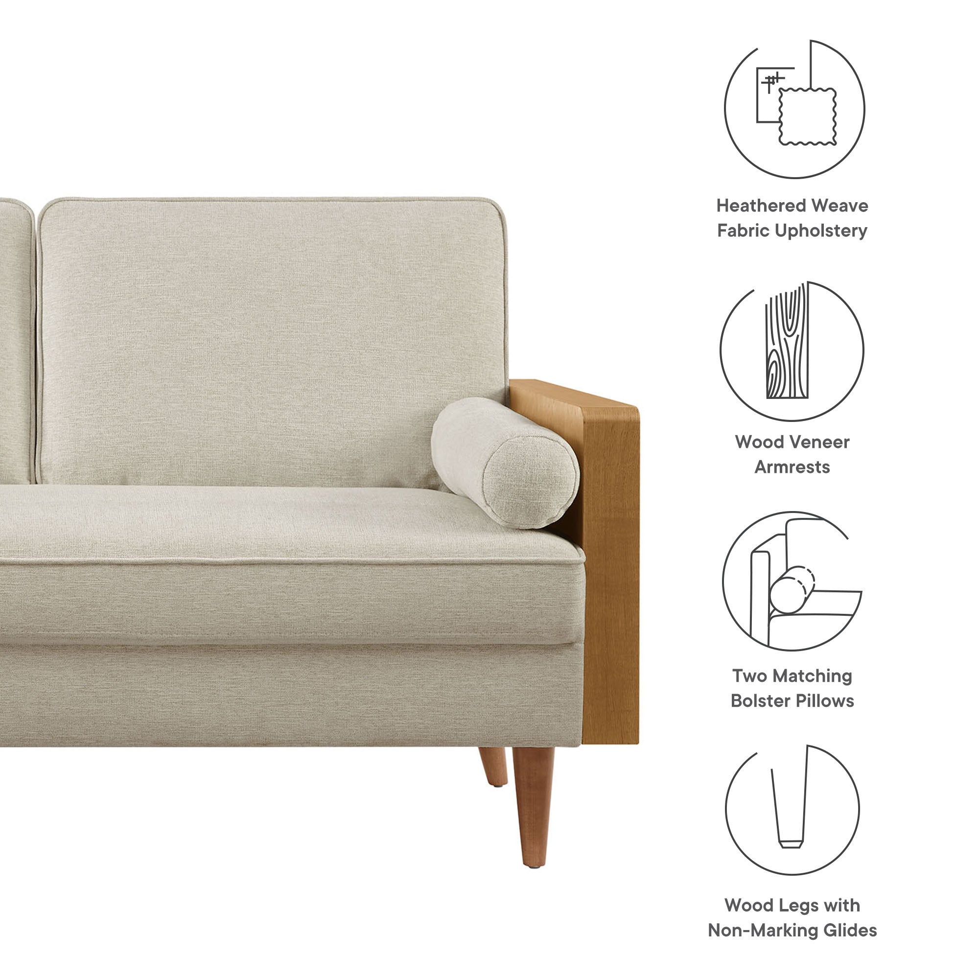 Kellan Heathered Weave Fabric Loveseat, Walnut Heathered Weave Light Beige