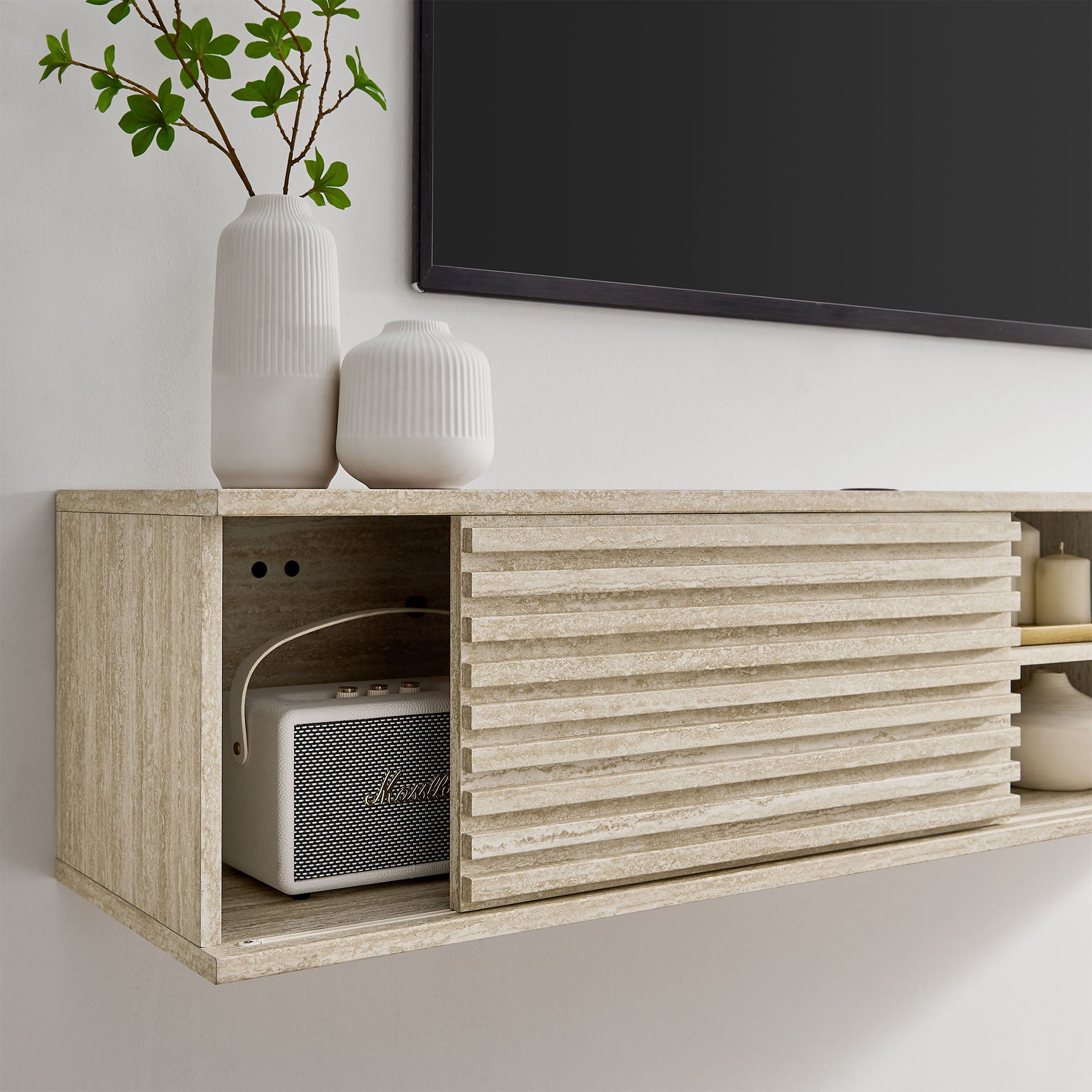 Render 70" Faux Travertine Wall-Mount Media Console TV Stand, Travertine