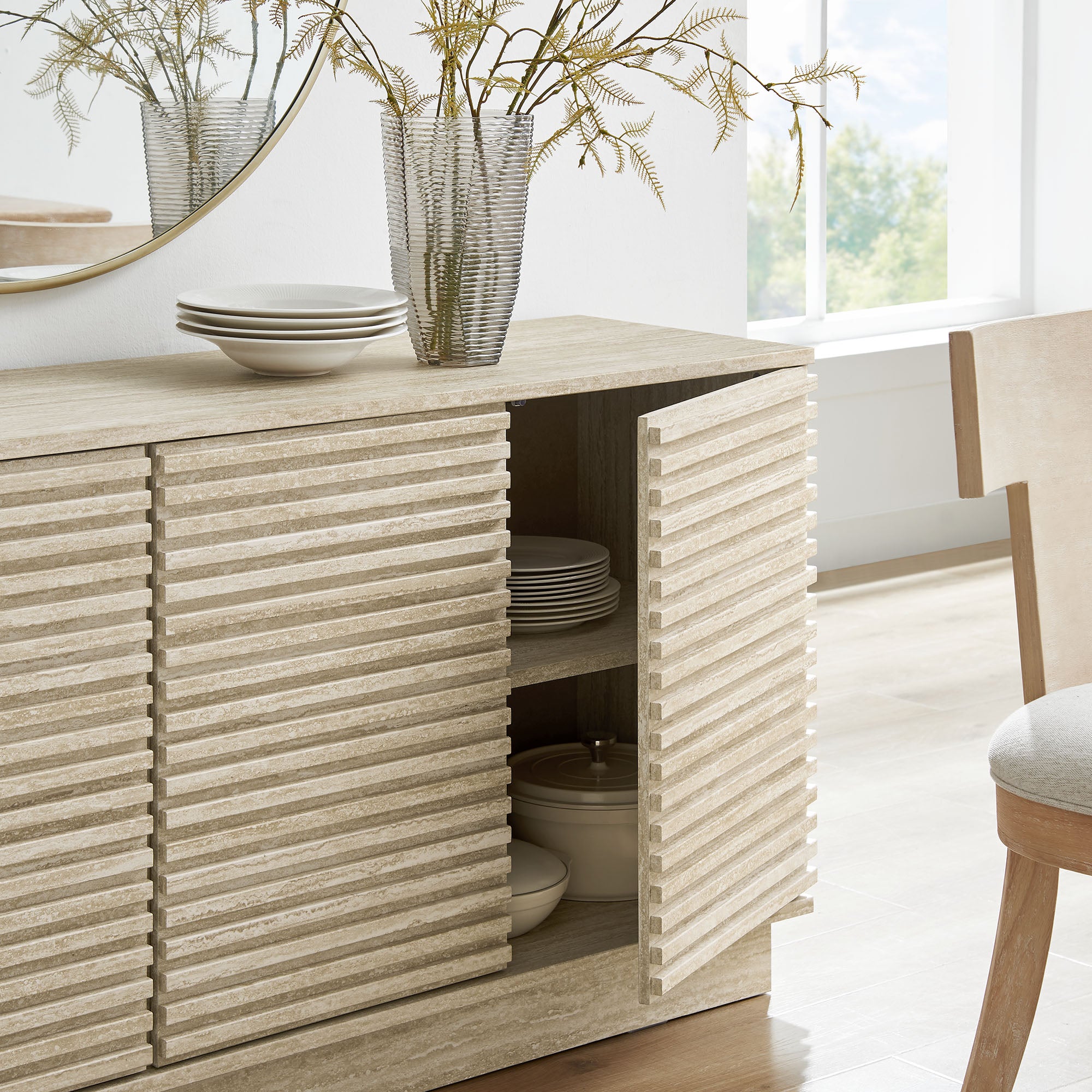 Render 70" Faux Travertine Sideboard Cabinet TV Stand, Travertine
