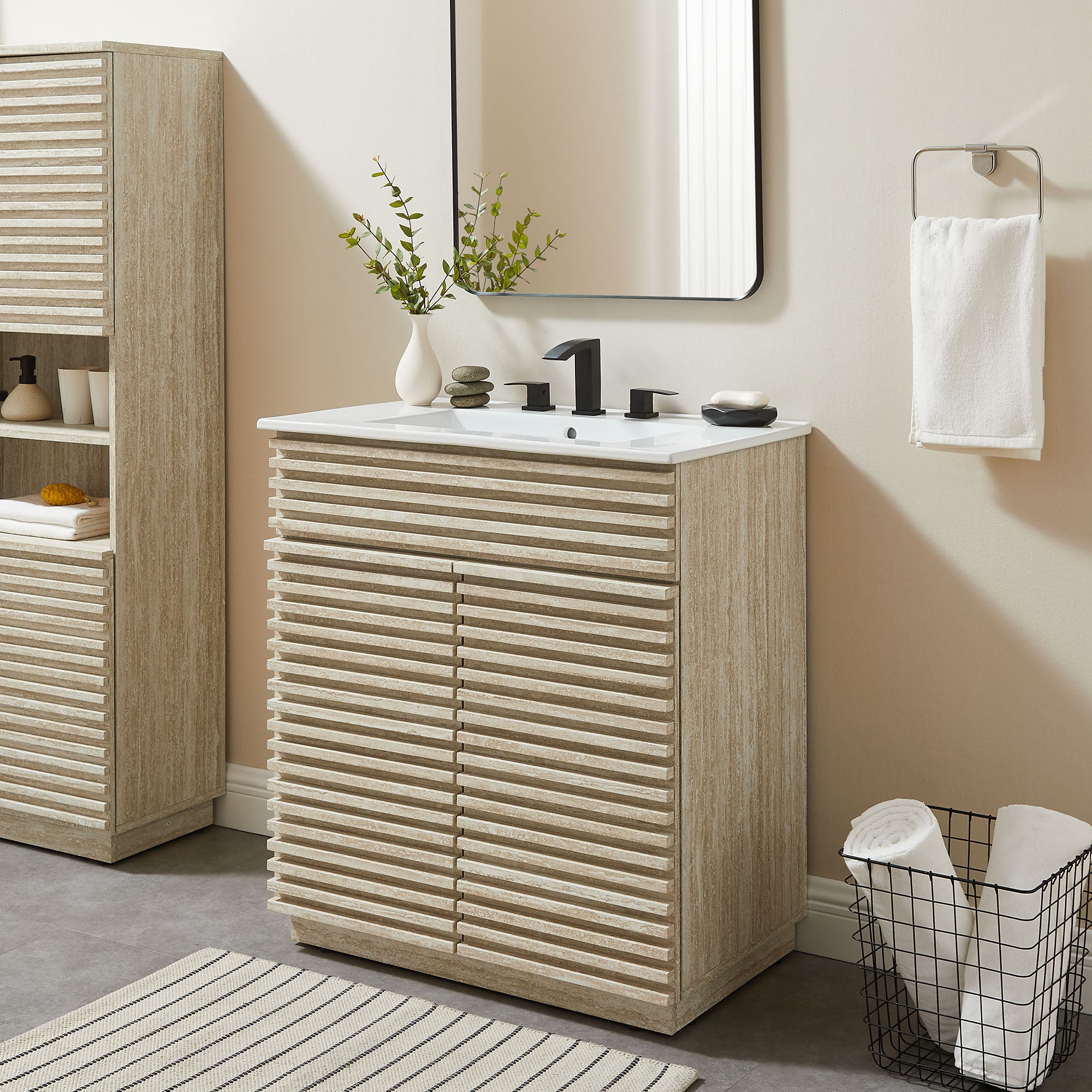 Render 30" Faux Travertine Bathroom Vanity Cabinet (Sink Not Included), Travertine