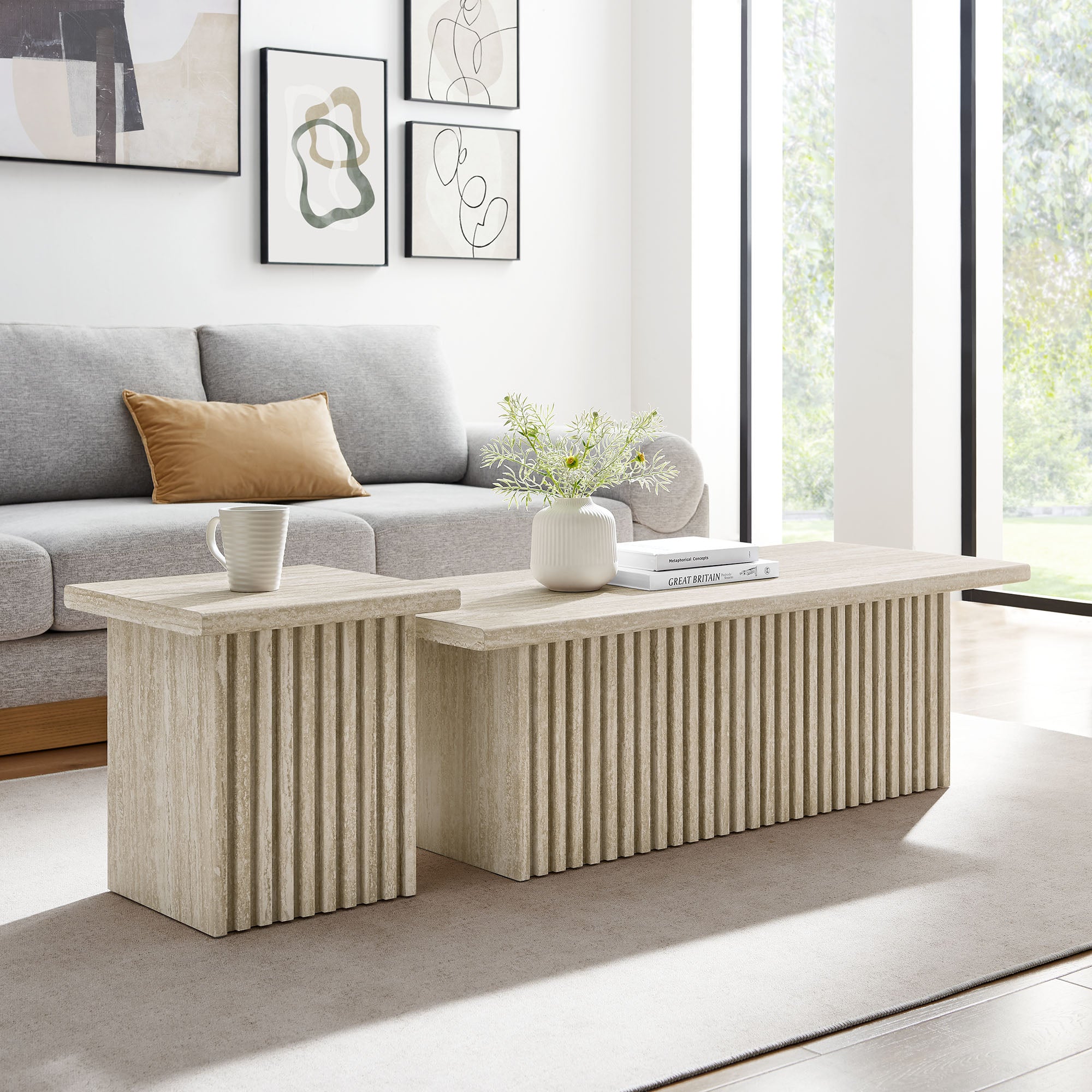 Render Nesting Coffee Tables Set of 2, Travertine