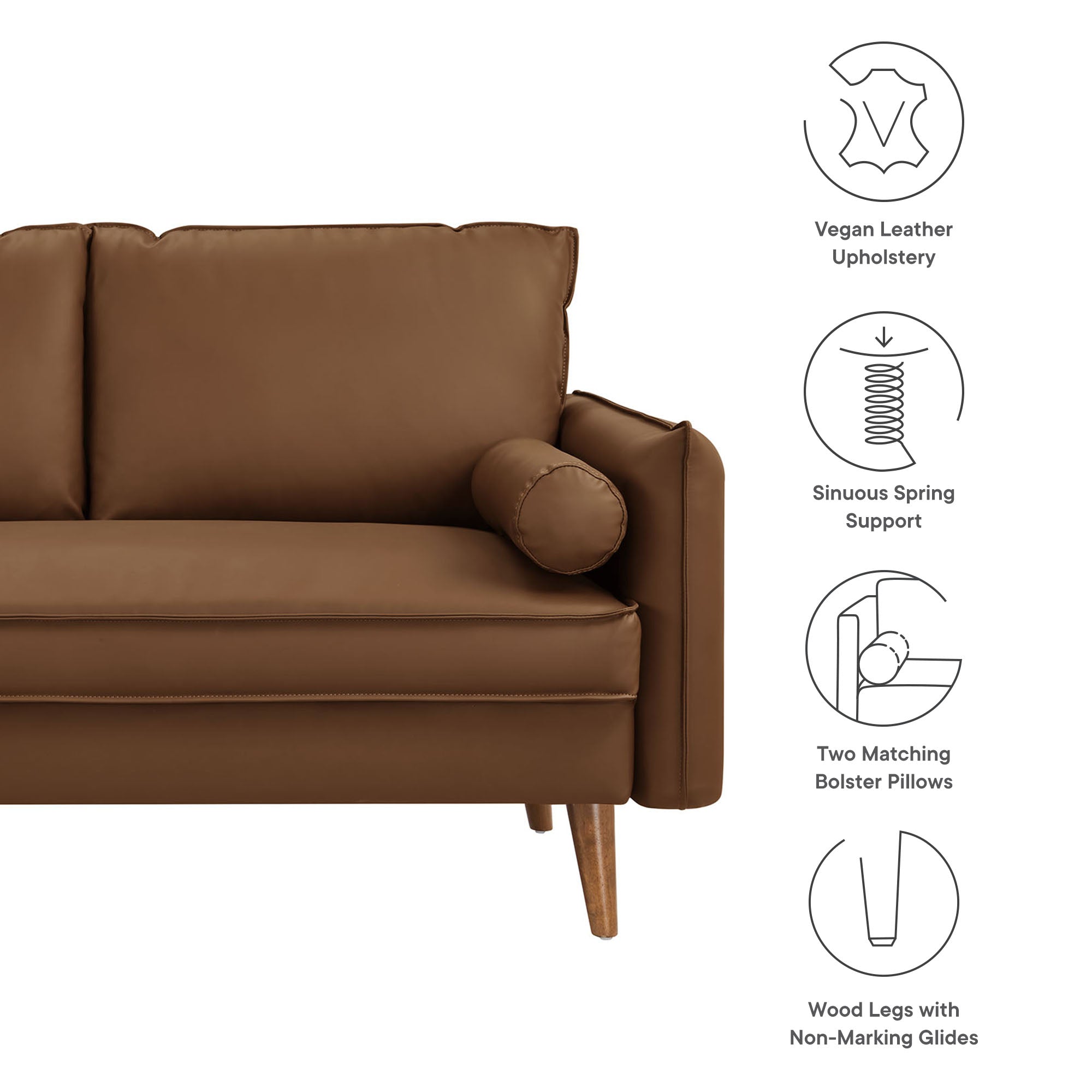 Revive Upholstered Vegan Leather Loveseat, Brown