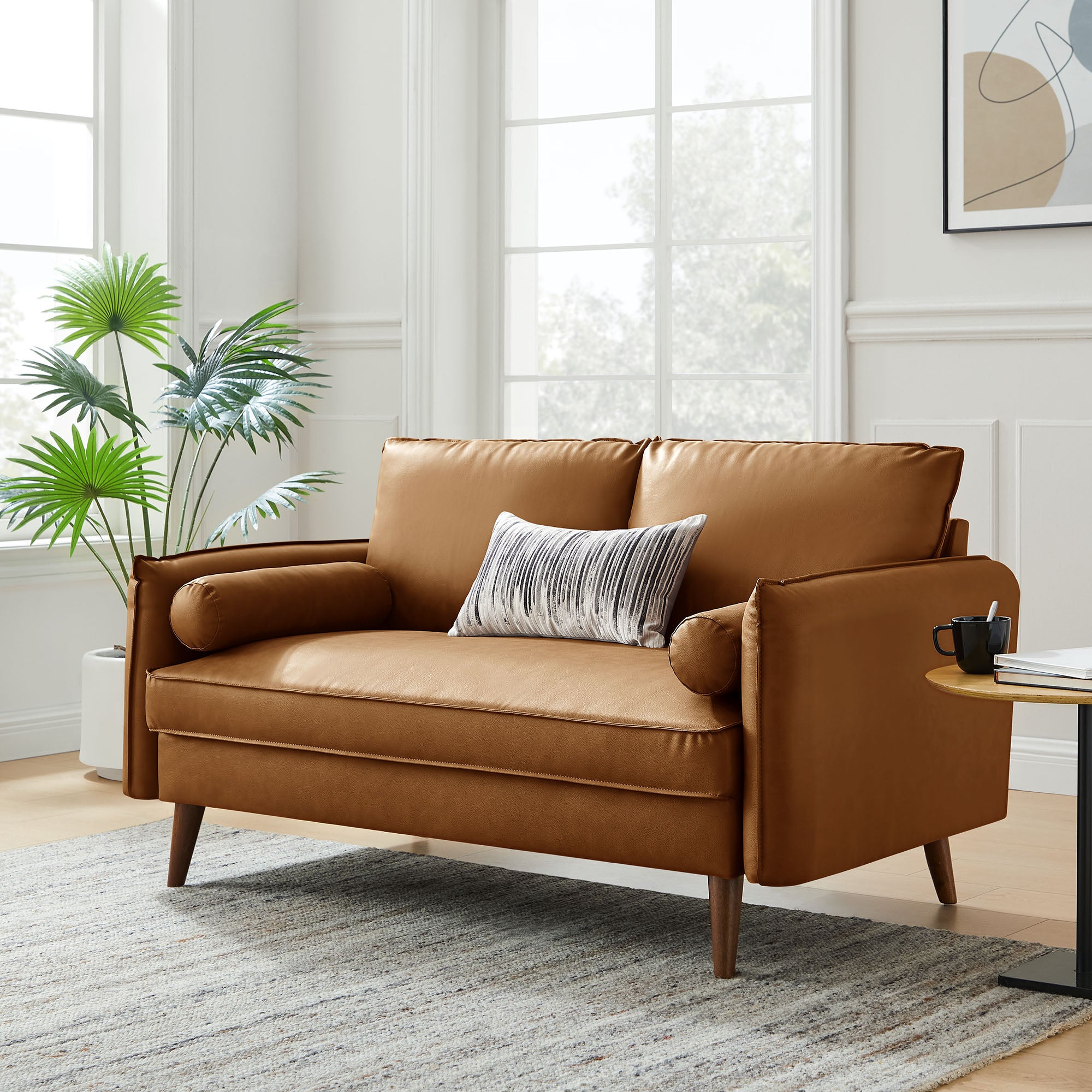 Revive Upholstered Vegan Leather Loveseat, Tan