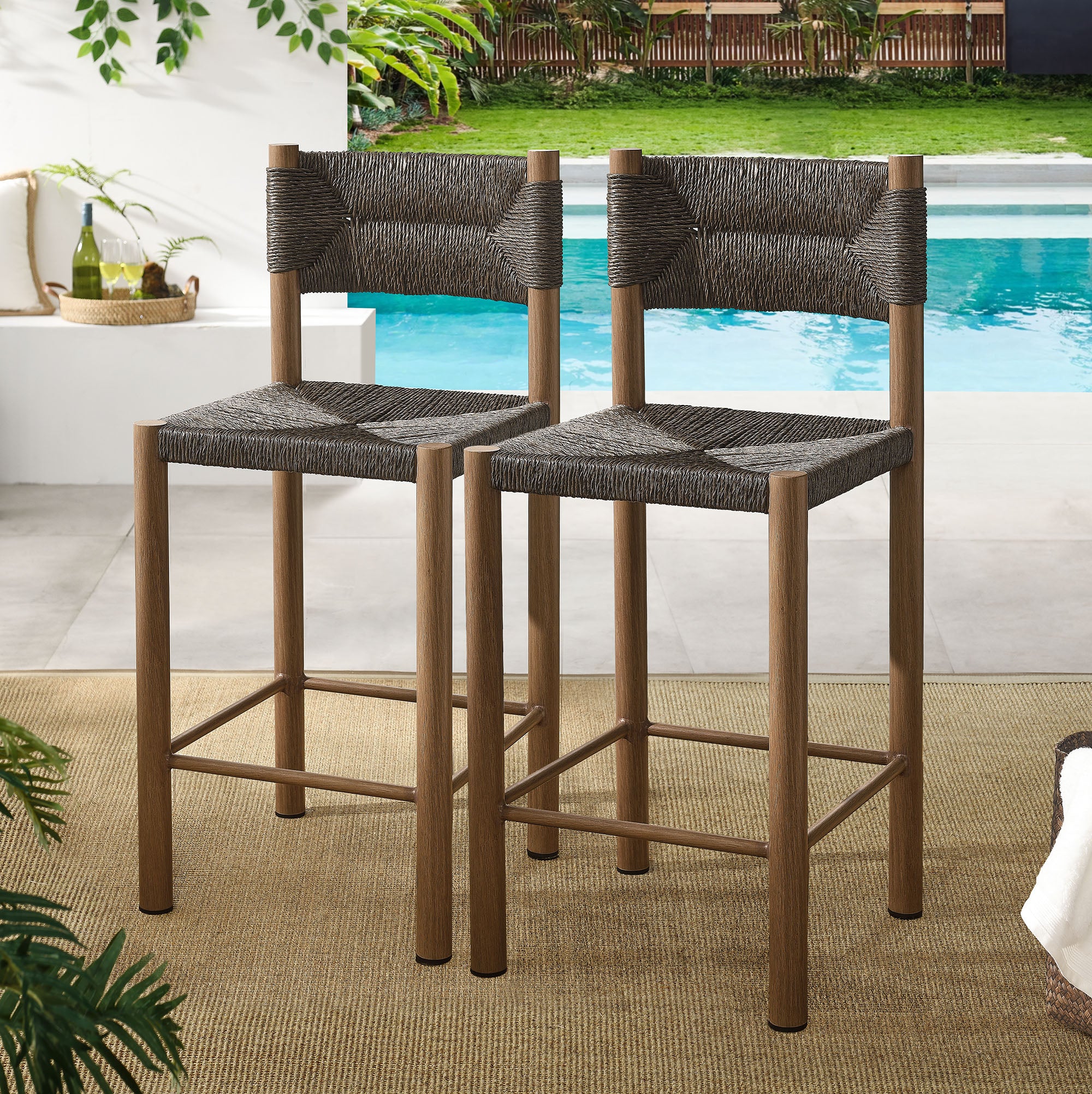 Parkland Outdoor Patio Rattan and Aluminum Counter Stools Set of 2, Walnut