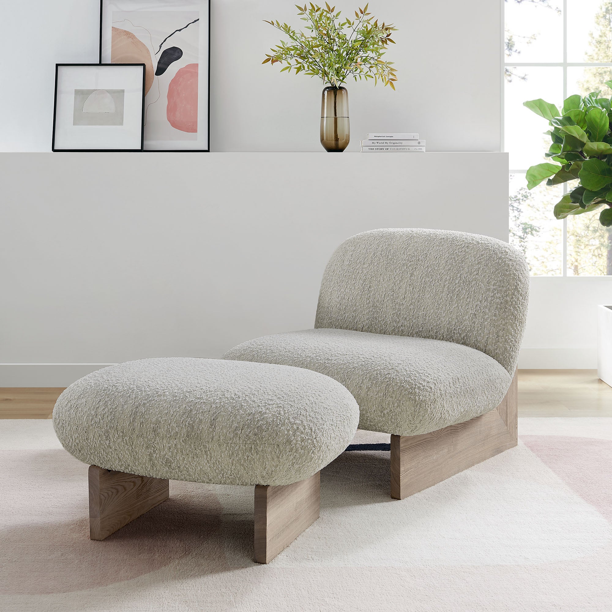 Loyal Boucle Fabric Accent Chair and Ottoman Set, Pearl Oak