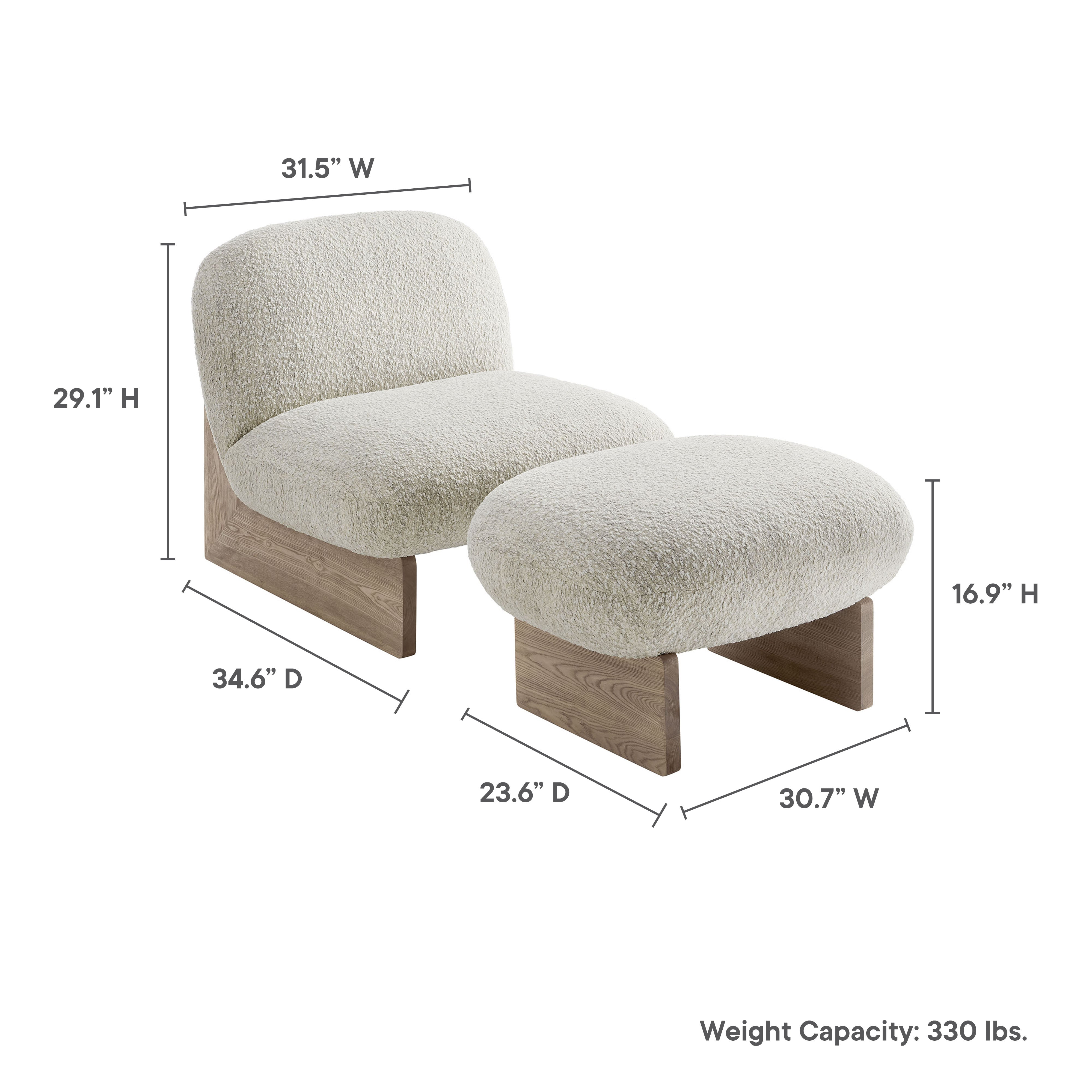 Loyal Boucle Fabric Accent Chair and Ottoman Set, Pearl Oak