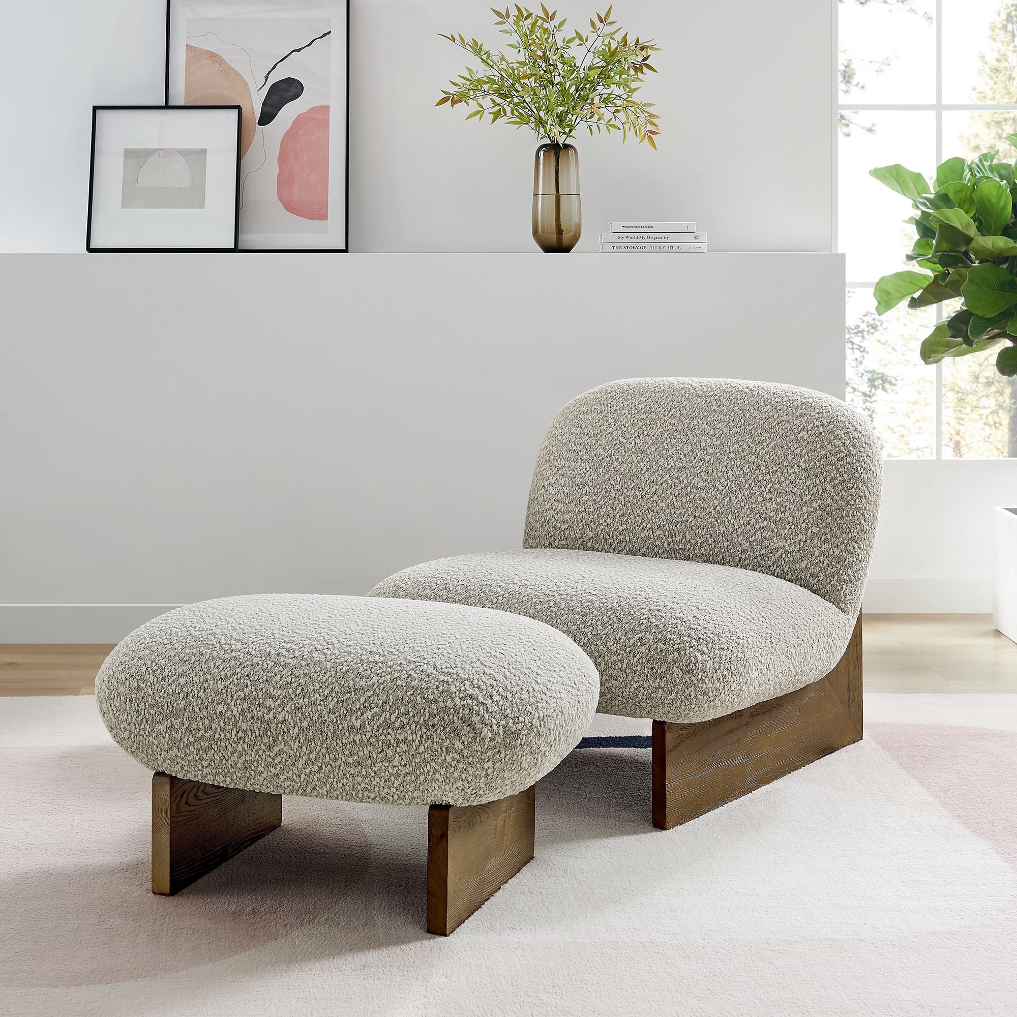 Loyal Boucle Fabric Accent Chair and Ottoman Set, River Rock Walnut