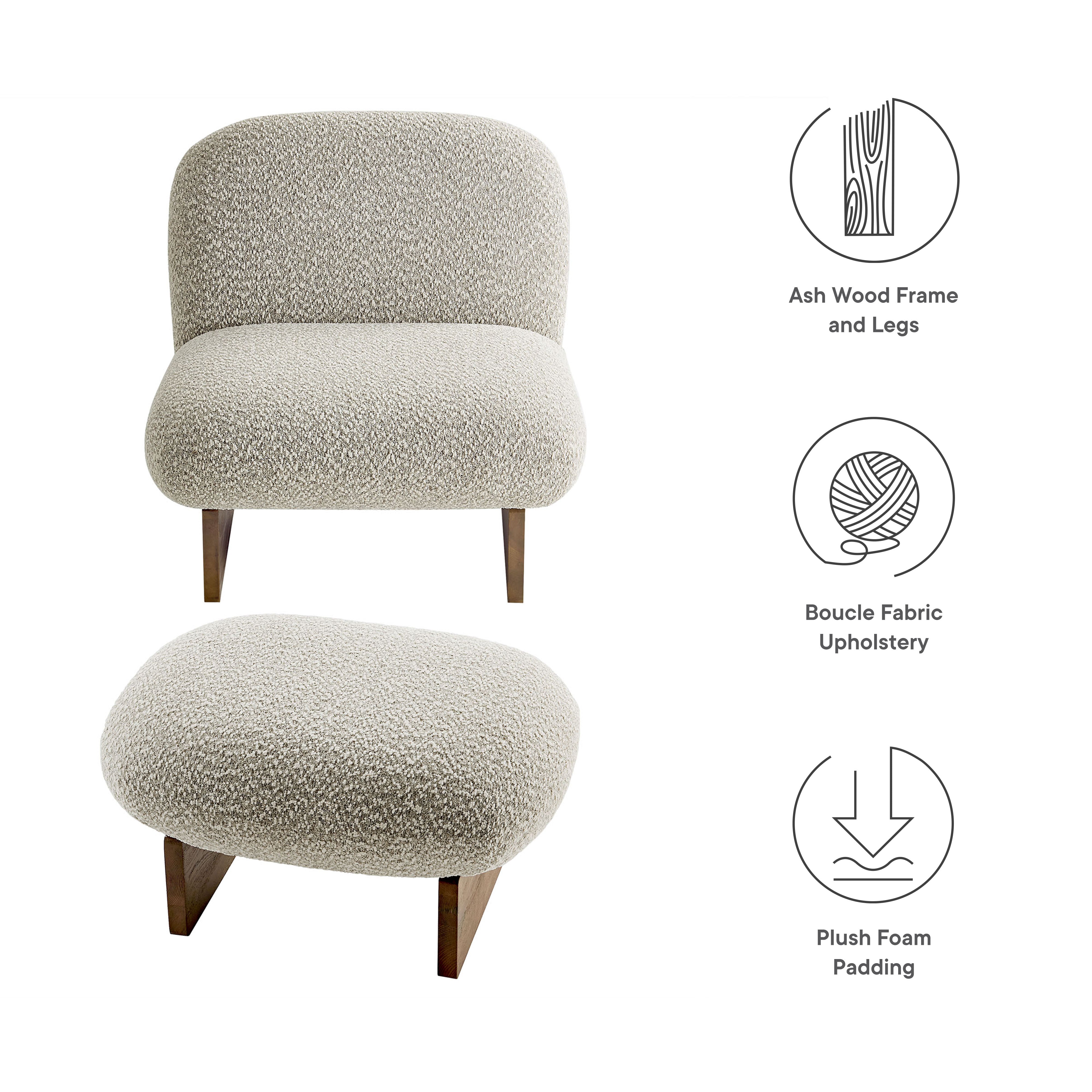 Loyal Boucle Fabric Accent Chair and Ottoman Set, River Rock Walnut