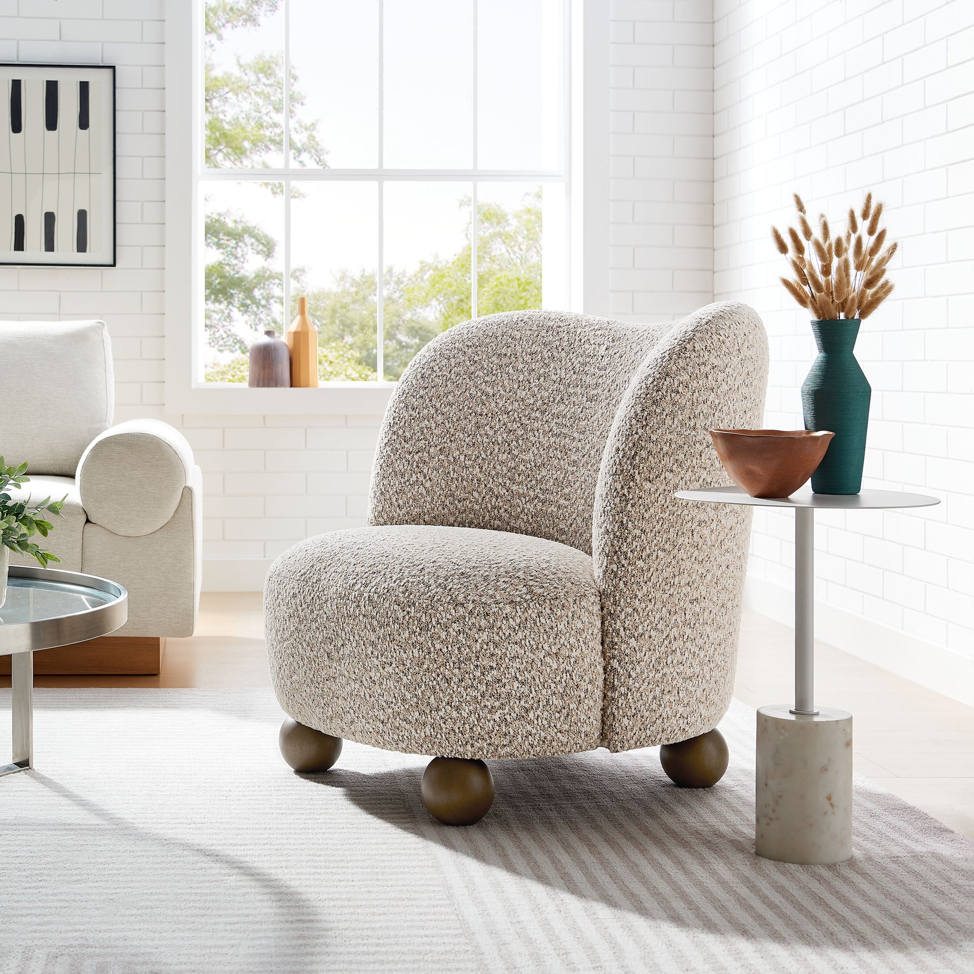 Monroe Boucle Fabric Accent Chair, Coral Walnut