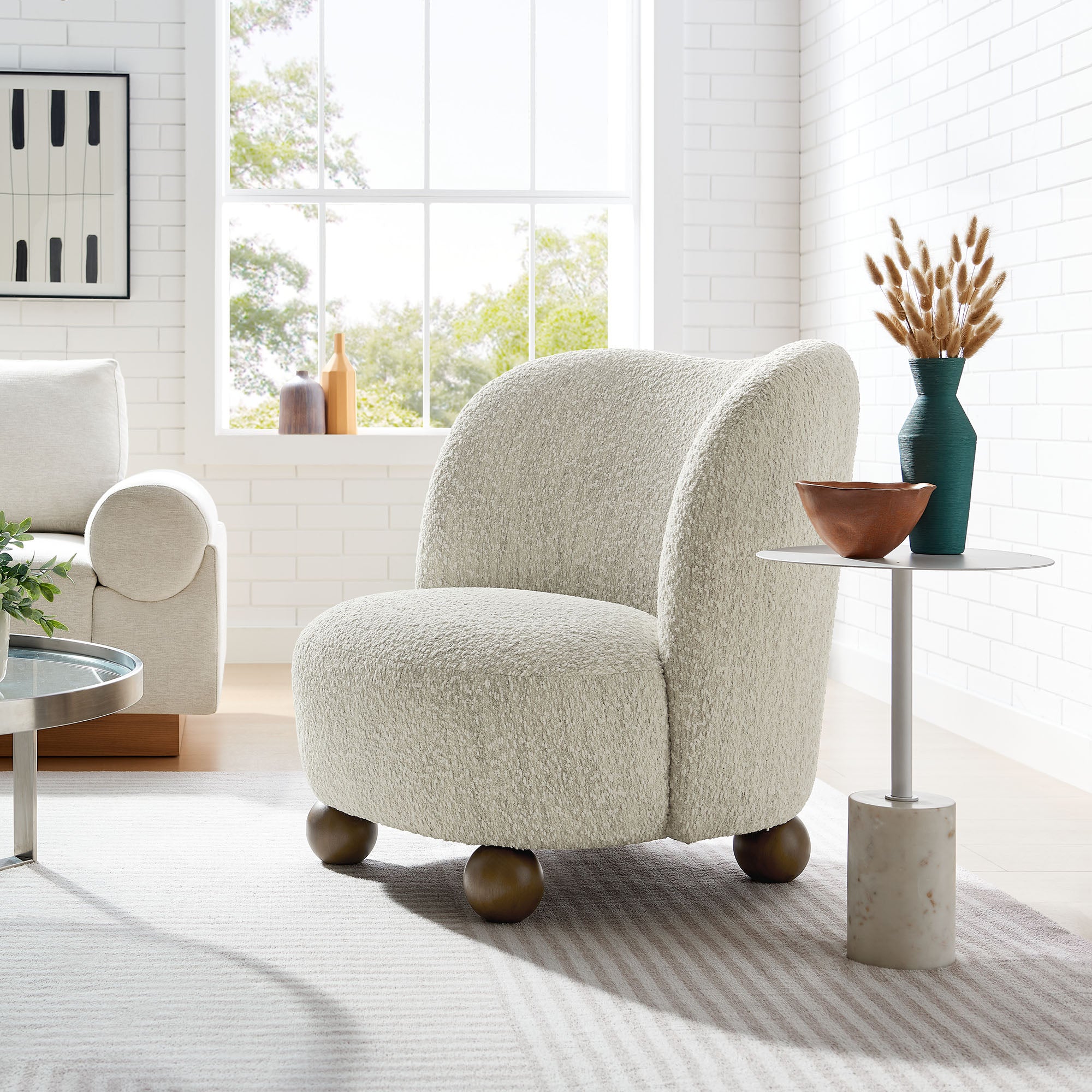 Monroe Boucle Fabric Accent Chair, Pearl Walnut