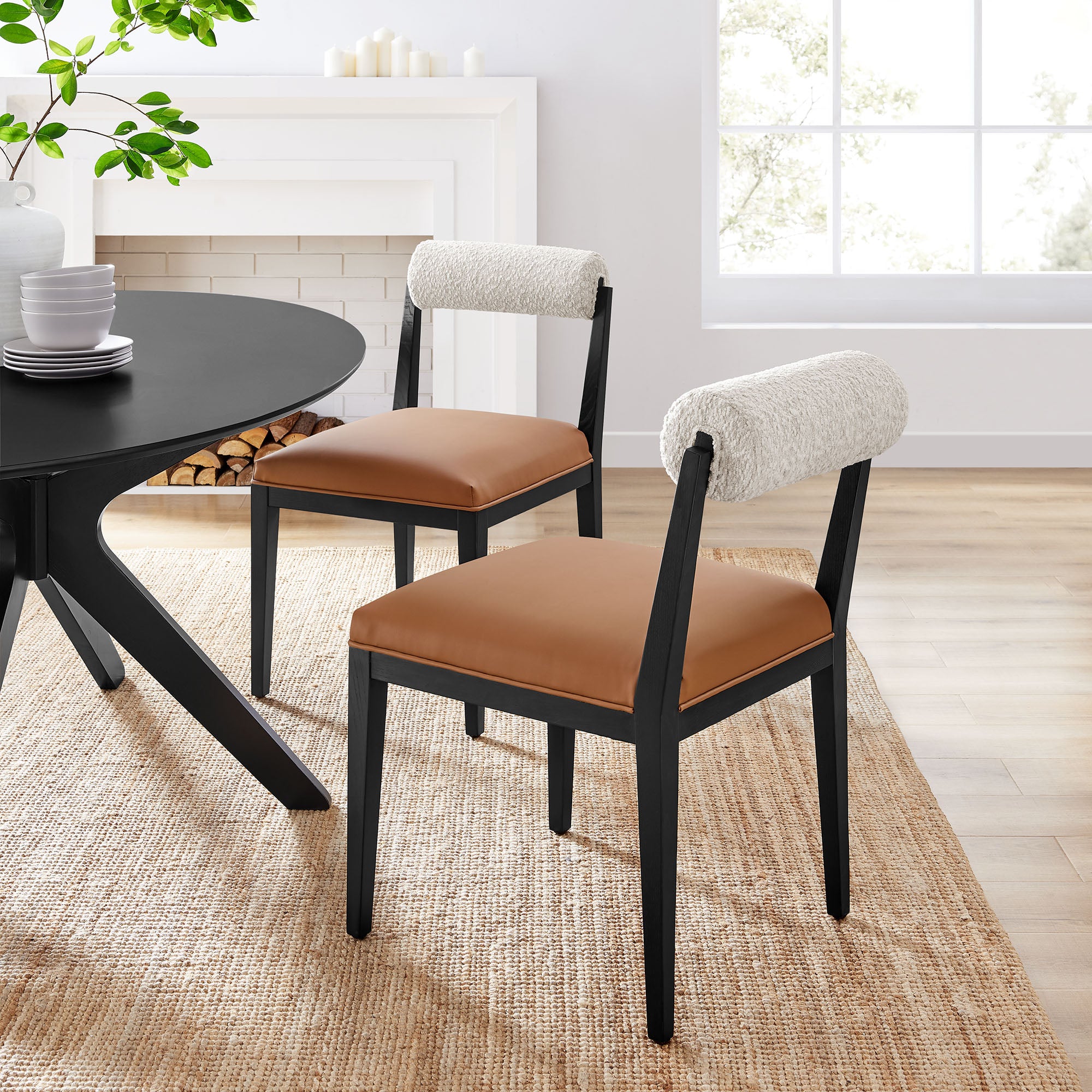 Kai Boucle and Vegan Leather Dining Chair, Pearl Tan Black