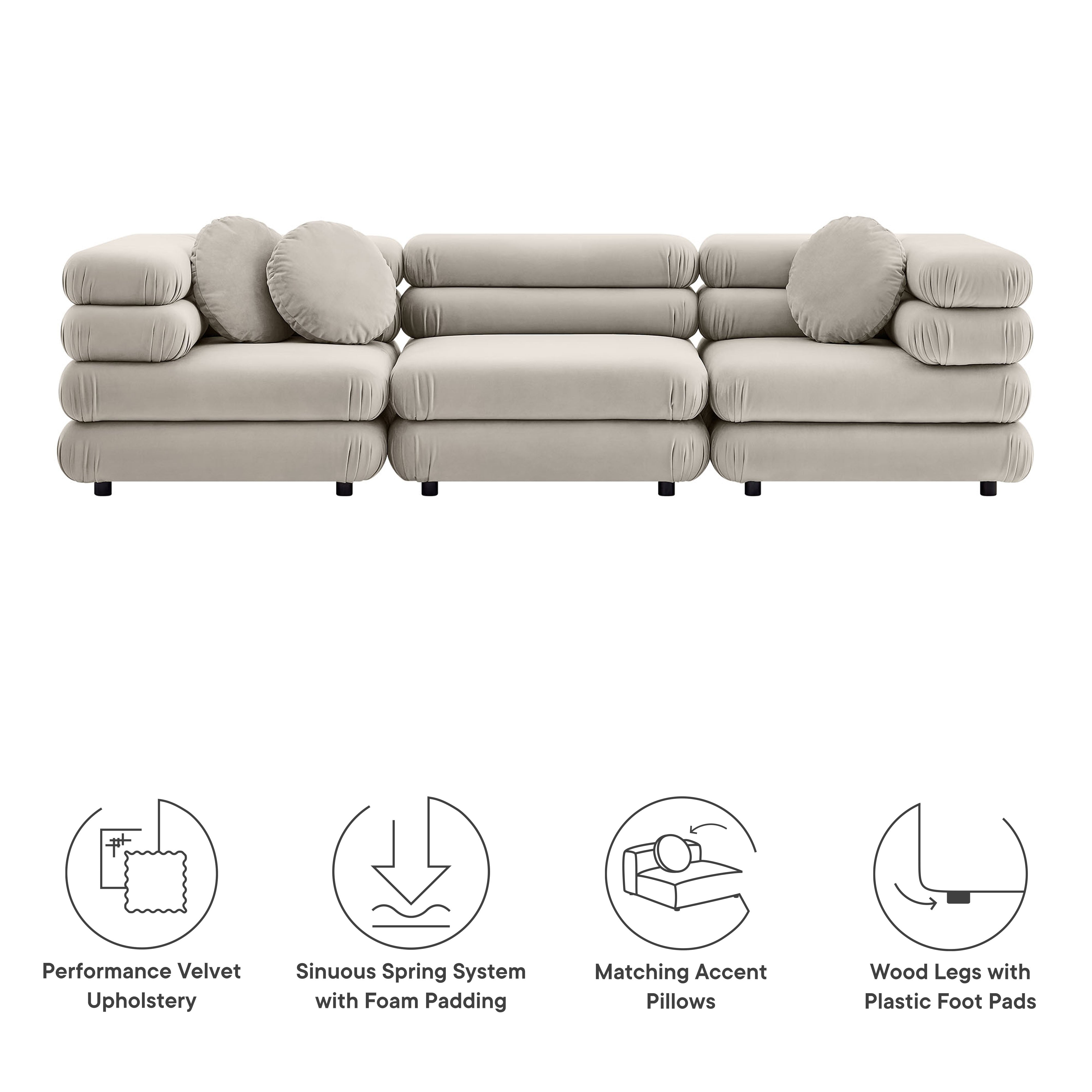 Jubilee 3-Piece Modular Performance Velvet Sectional Sofa, Almond