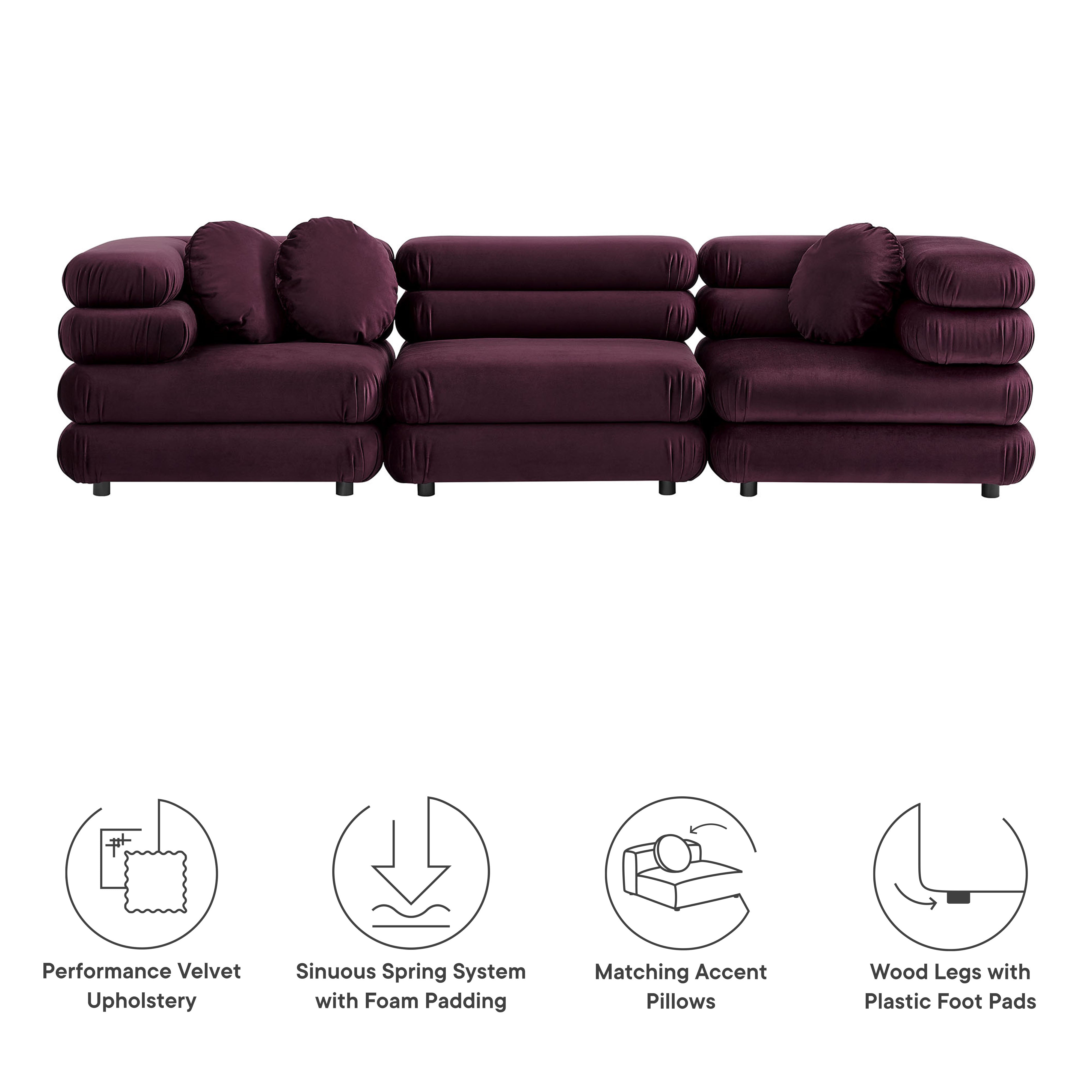 Jubilee 3-Piece Modular Performance Velvet Sectional Sofa, Mulberry
