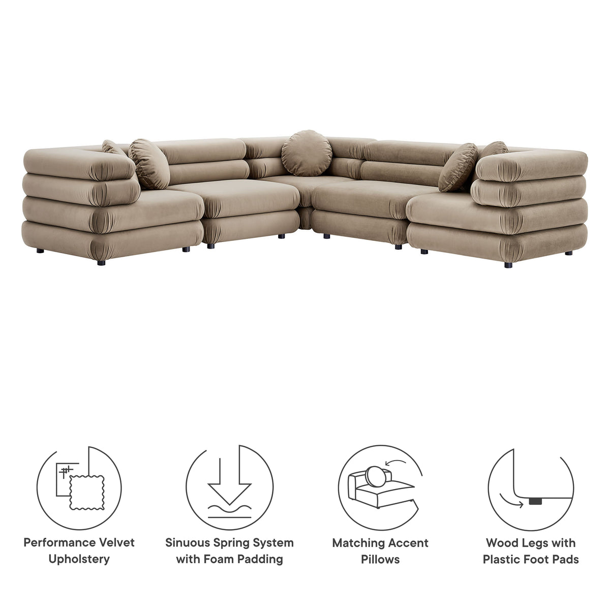 Jubilee 5-Piece Modular Performance Velvet Sectional Sofa, Taupe