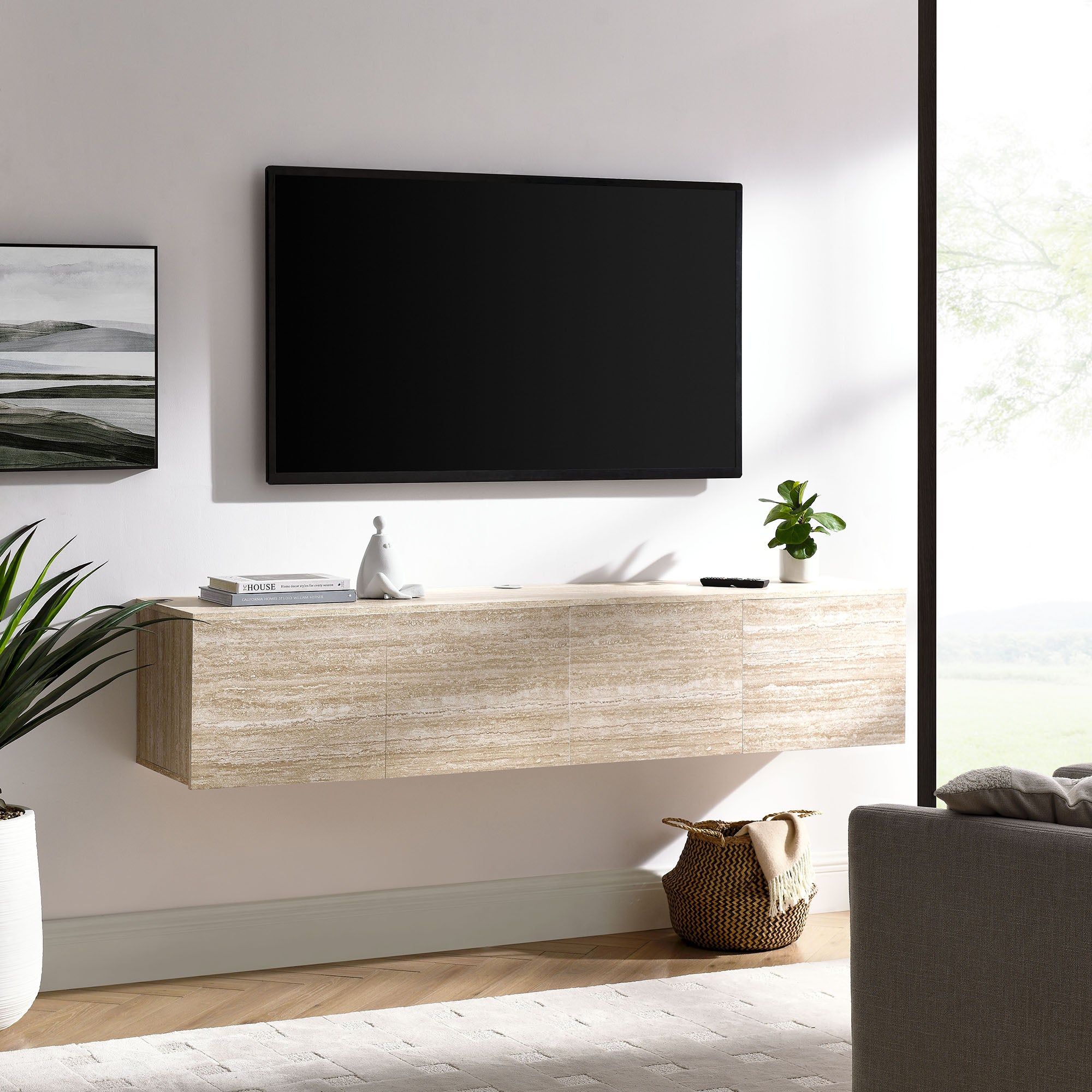 Terra 71" Wall-Mounted TV Stand, Travertine