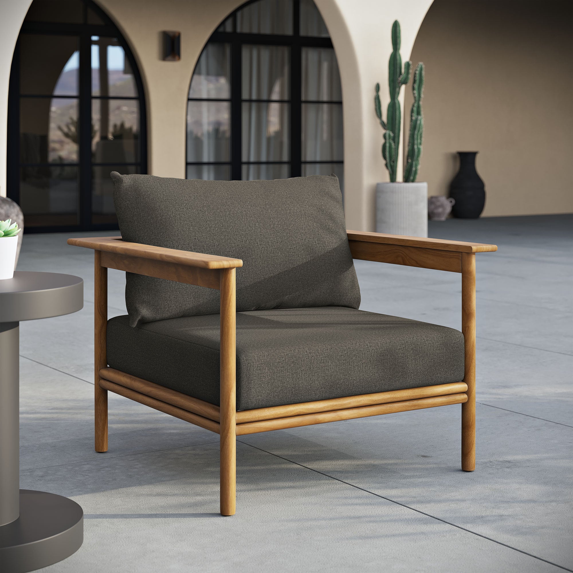 Wren Outdoor Patio Teak Wood Armchair, Natural Flint Gray