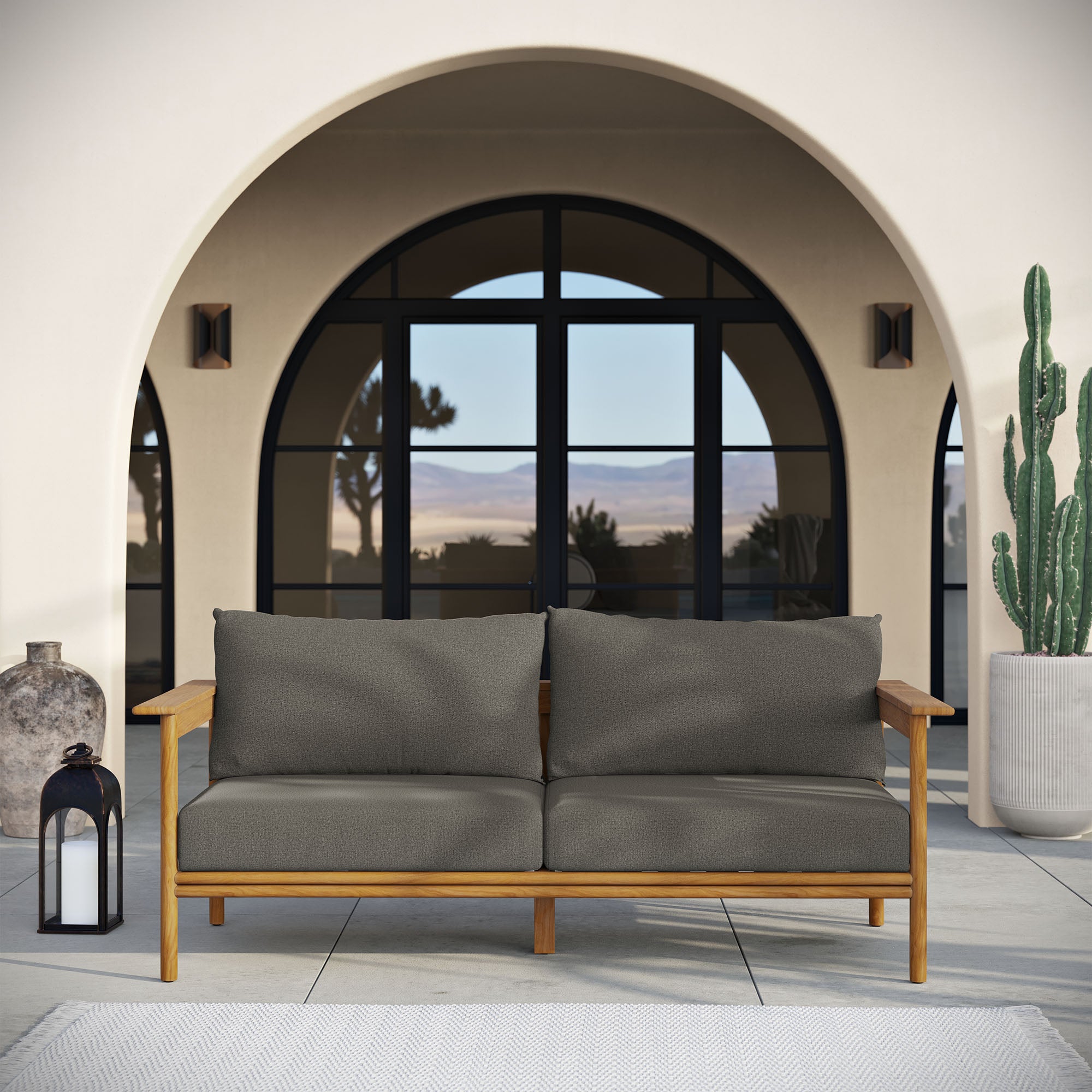 Wren Outdoor Patio Teak Wood Sofa, Natural Flint Gray