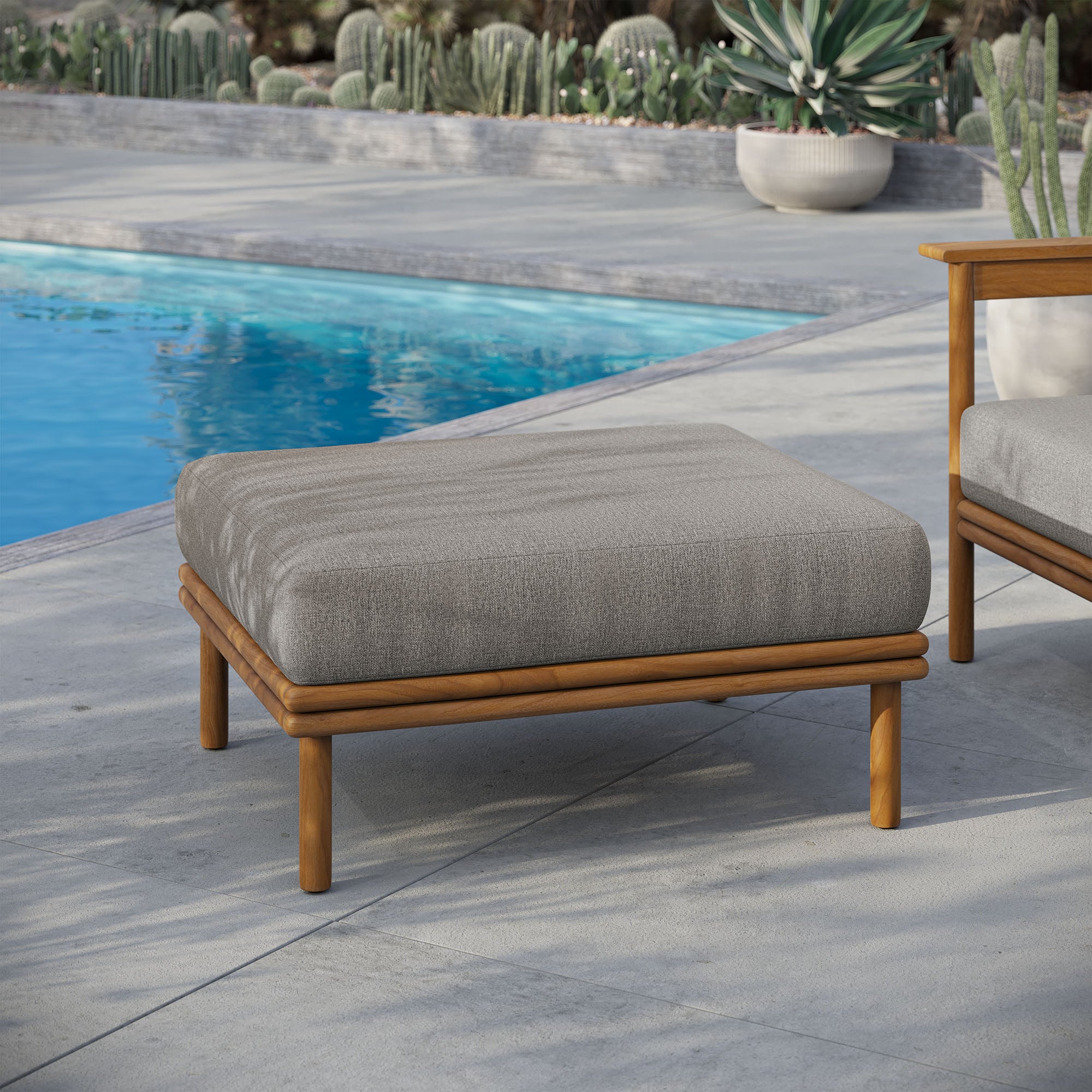 Wren Outdoor Patio Teak Wood Ottoman, Natural Driftwood