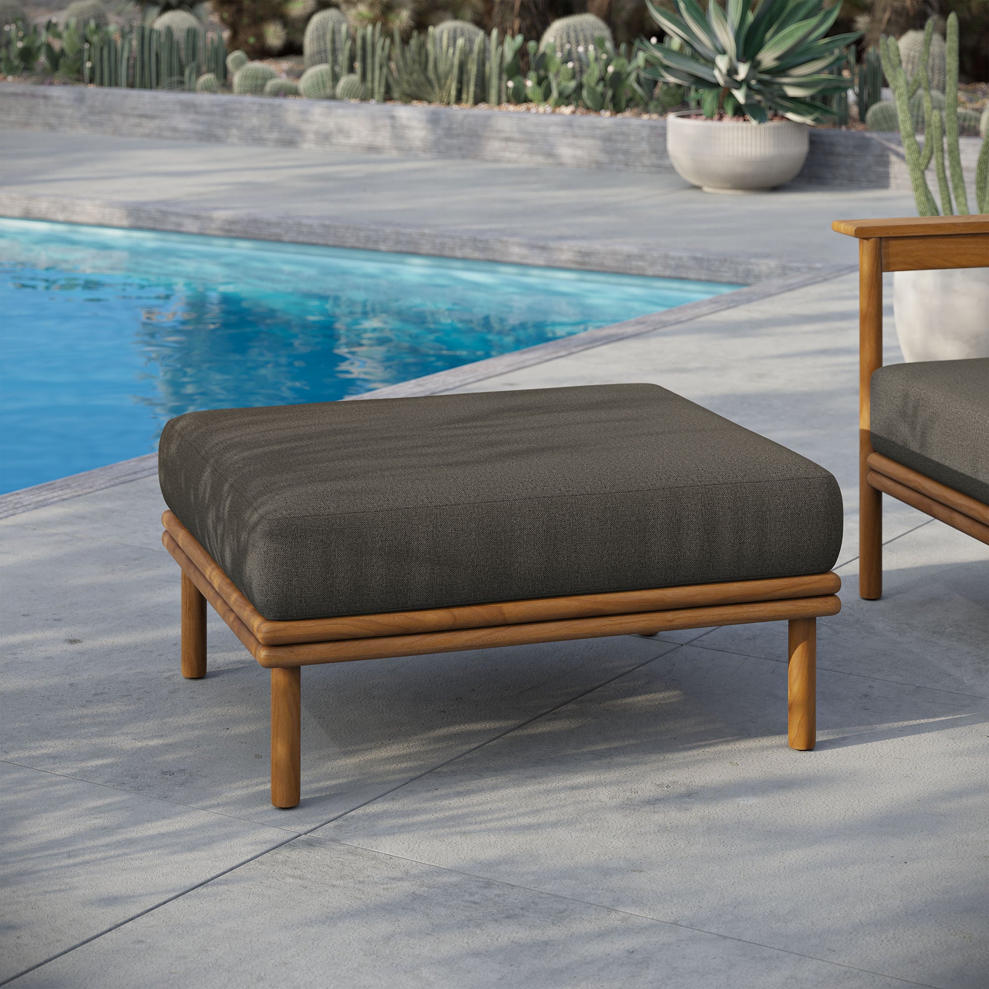 Wren Outdoor Patio Teak Wood Ottoman, Natural Flint Gray