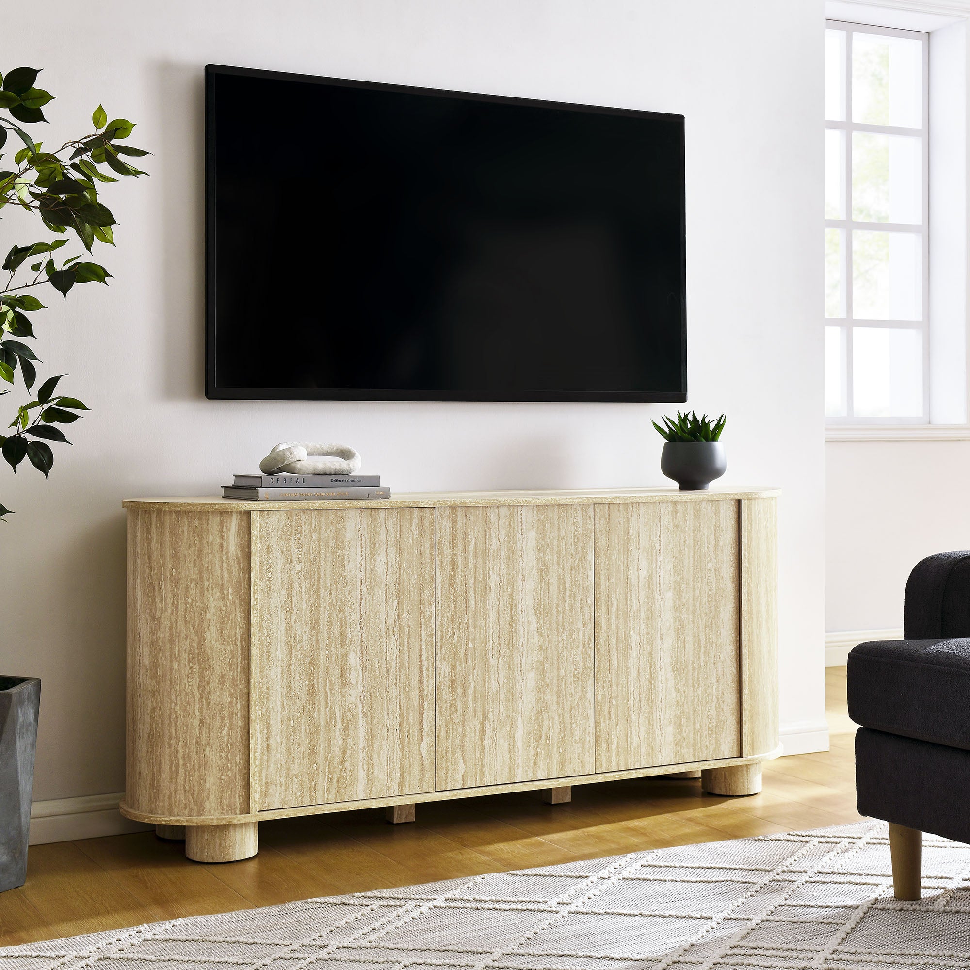 Overture 63" Oval Faux Travertine Sideboard, Travertine