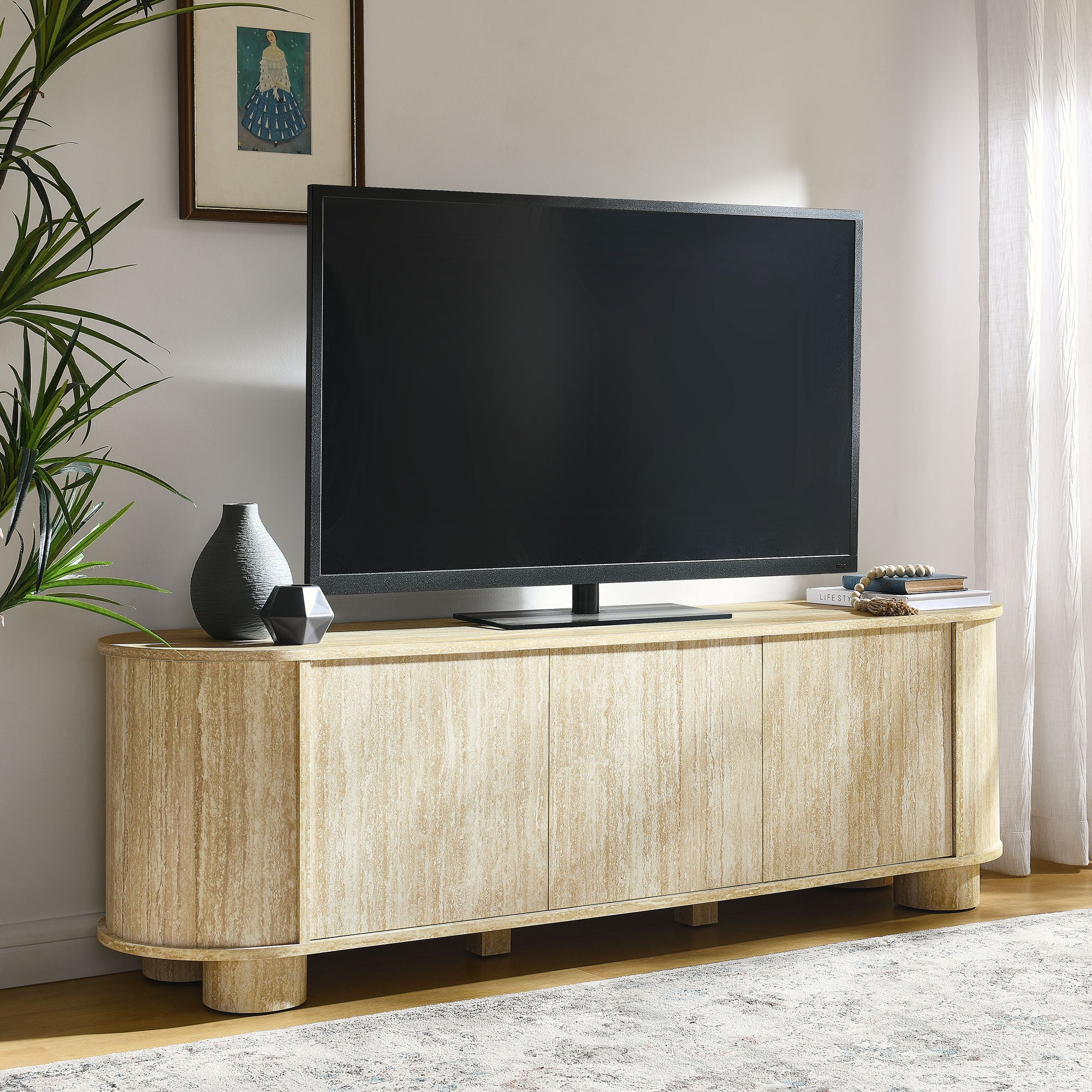 Overture 63" Oval Faux Travertine TV Stand, Travertine