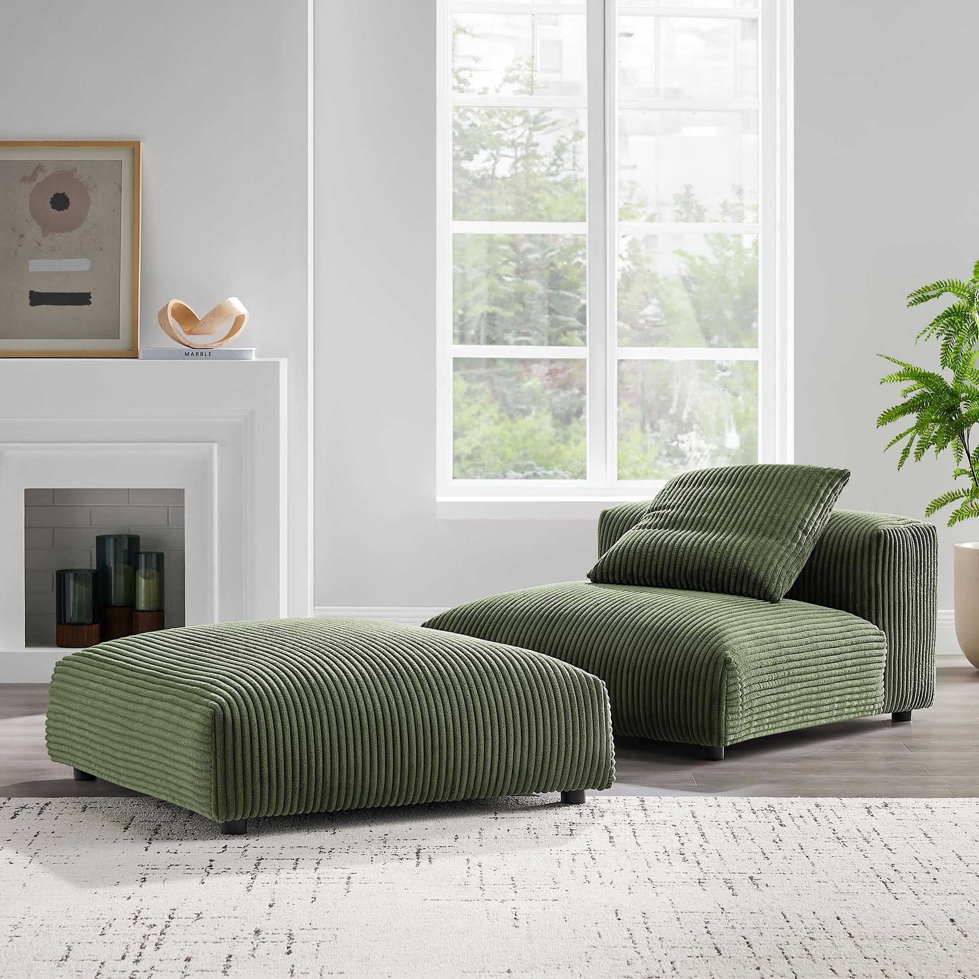 Solace Modular Corduroy Upholstered Armless Chair and Ottoman Set, Fern