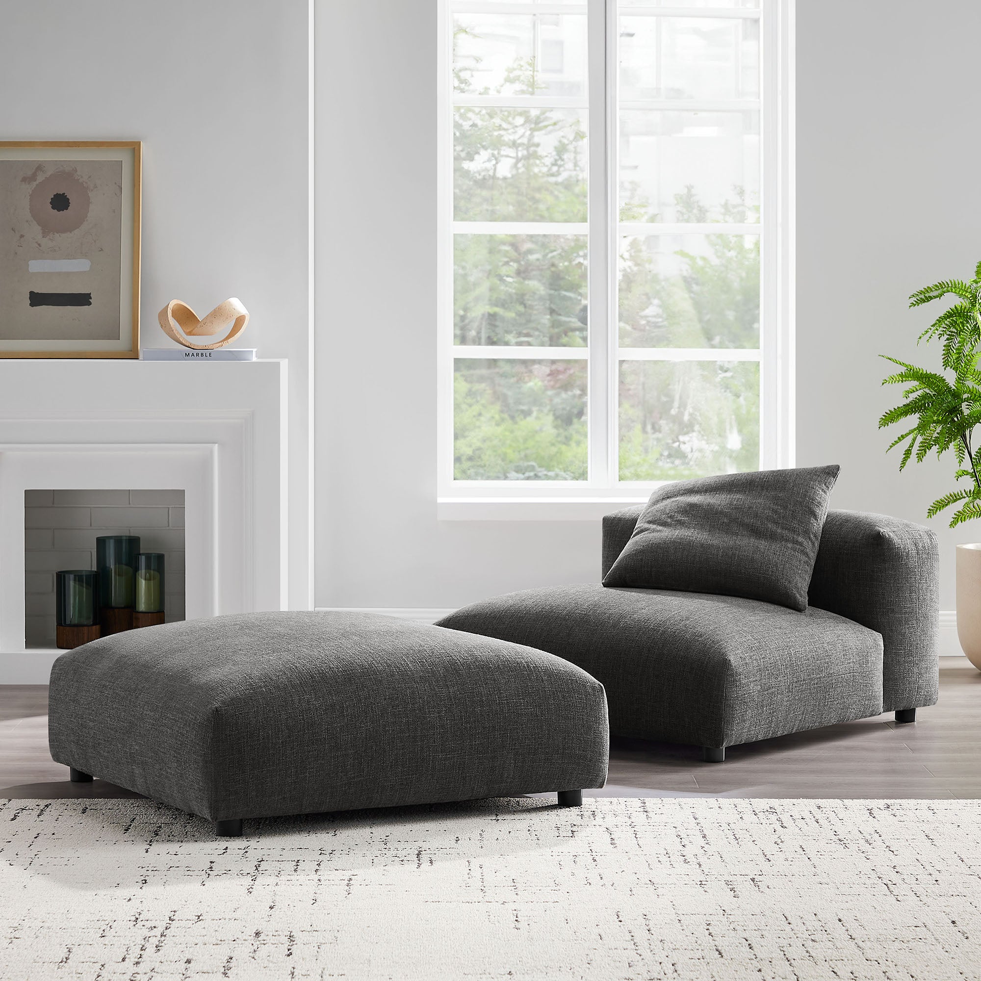 Solace Modular Upholstered Fabric Armless Chair and Ottoman Set, Charcoal