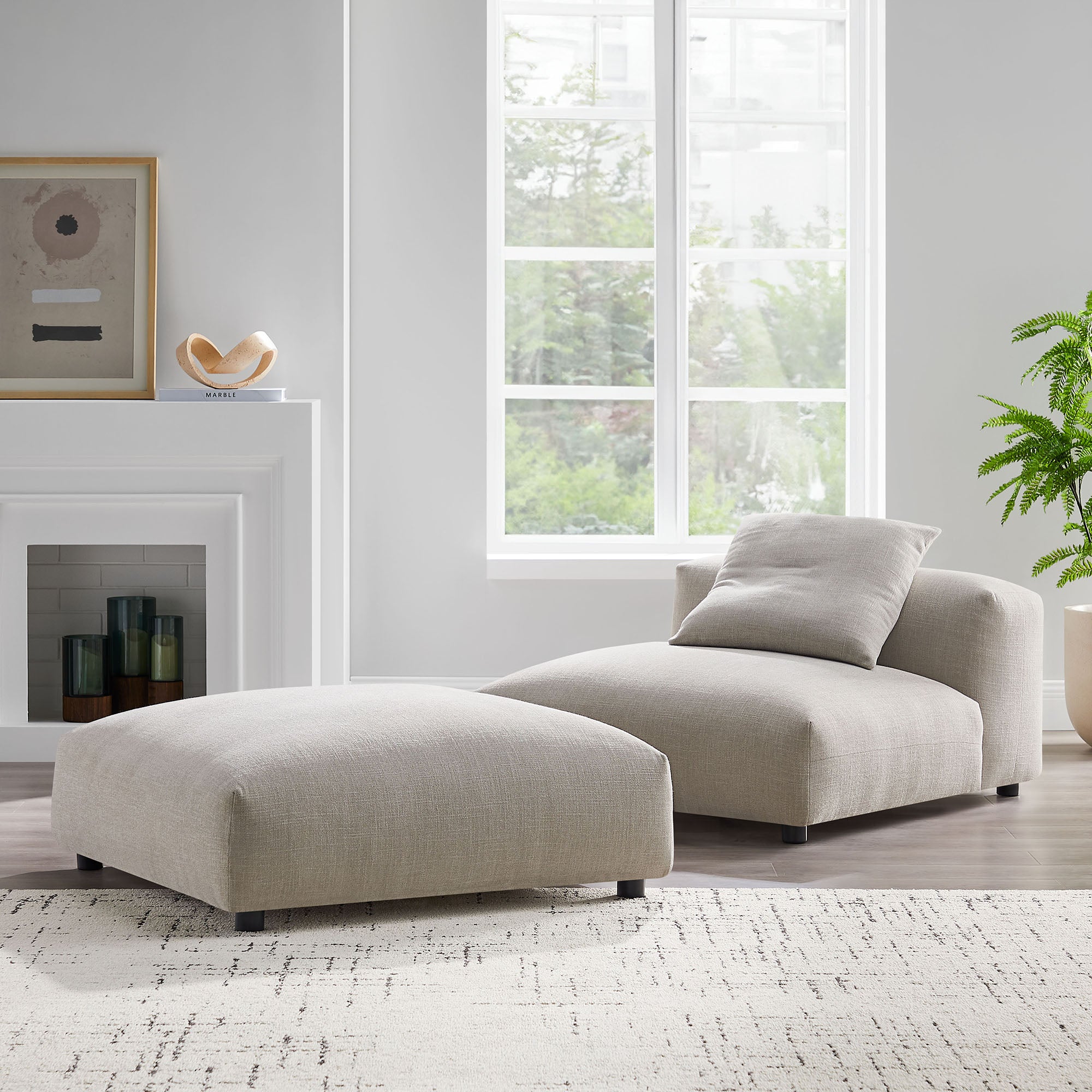 Solace Modular Upholstered Fabric Armless Chair and Ottoman Set, Linen