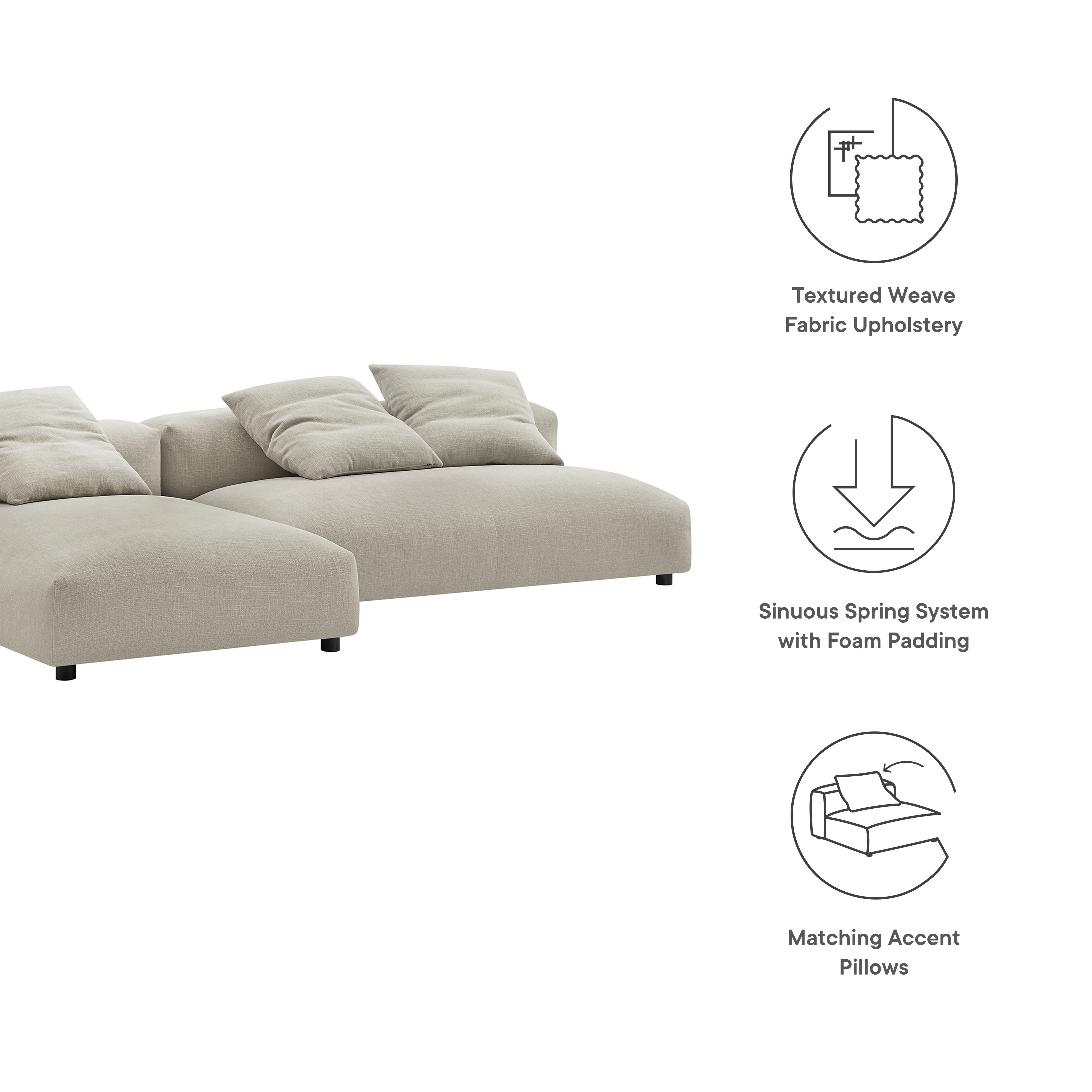 Solace 2-Piece Modular Upholstered Fabric Sectional Sofa With Chaise, Linen