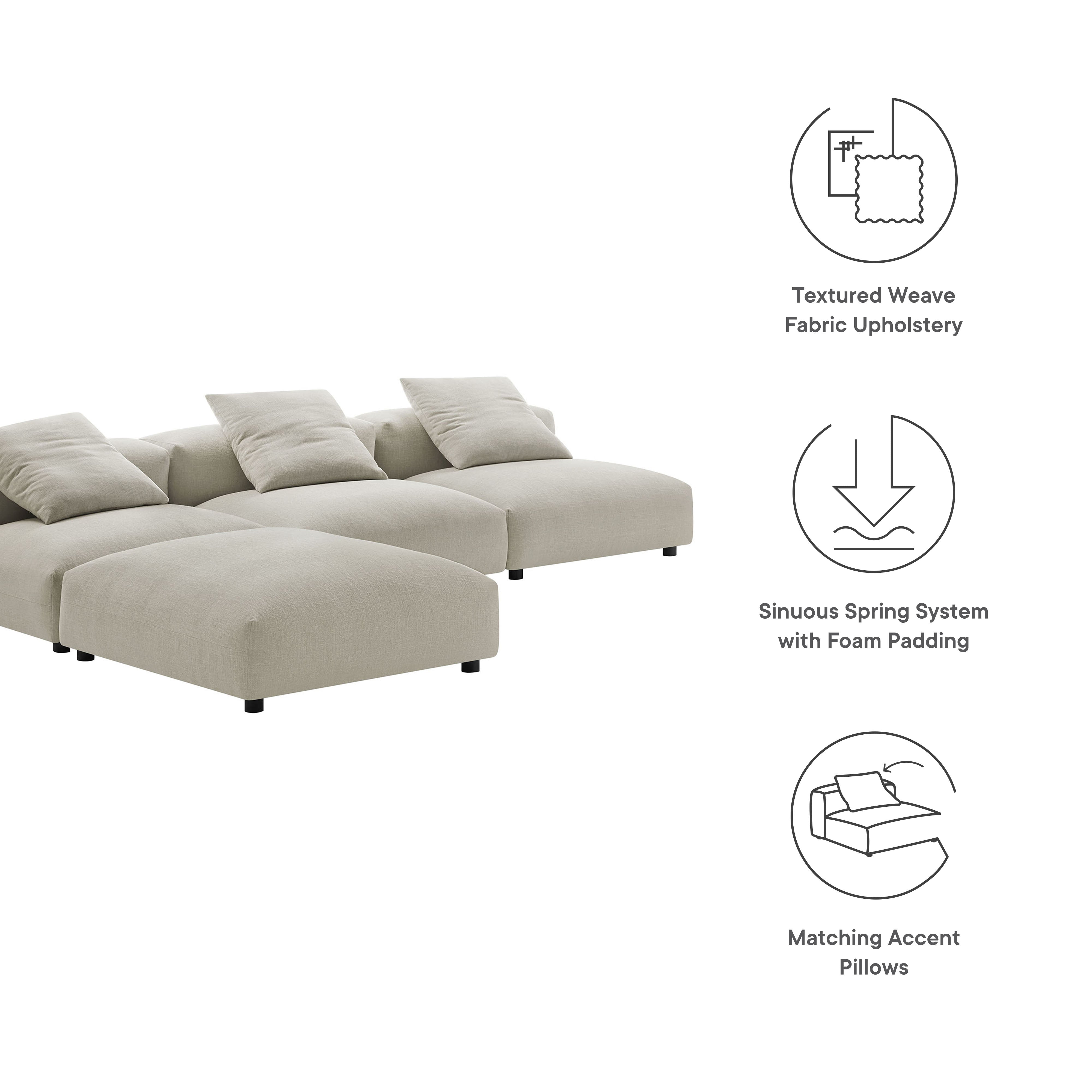 Solace 4-Piece Modular Upholstered Fabric Sectional Sofa, Linen