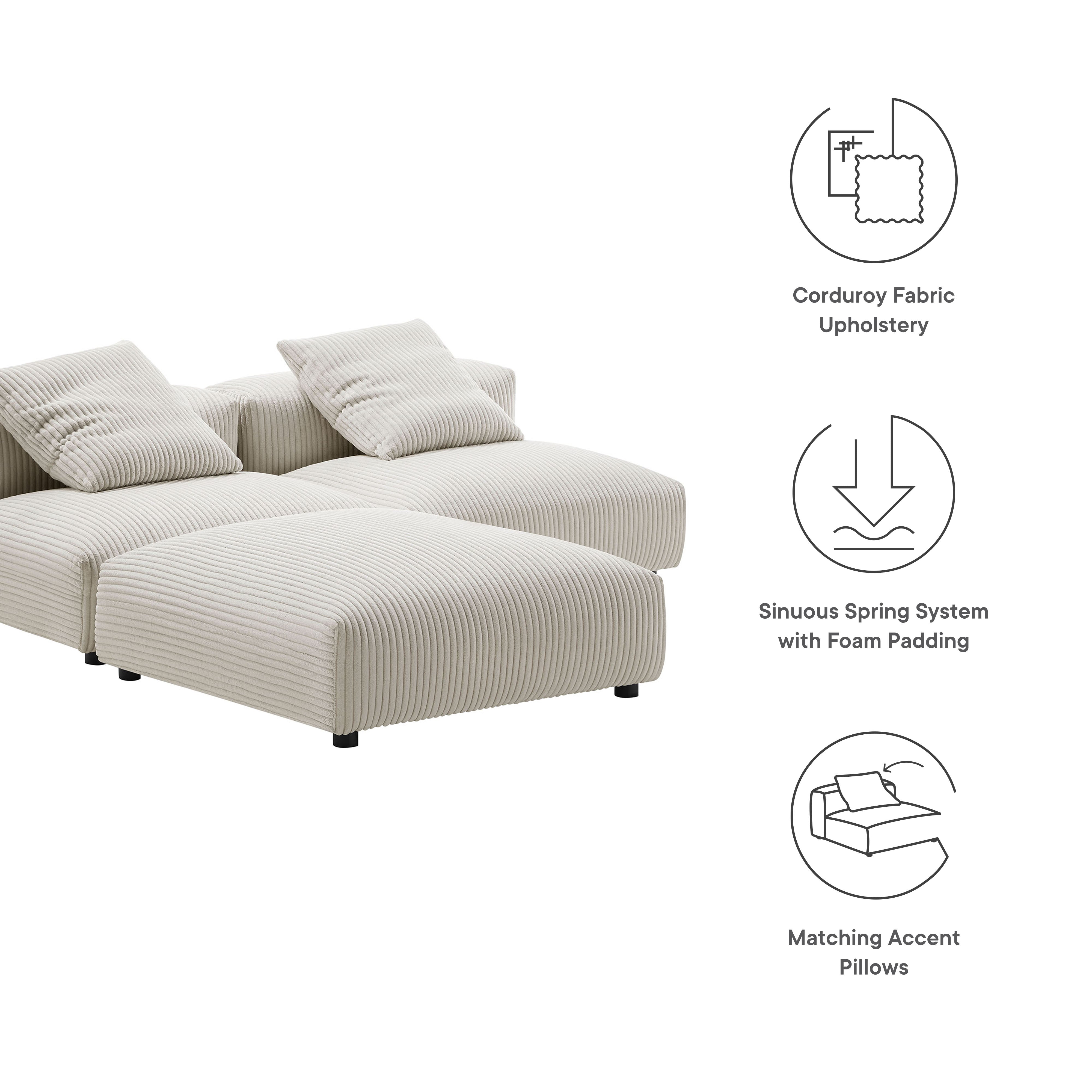 Solace 3-Piece Modular Corduroy Upholstered Sectional Sofa, Almond
