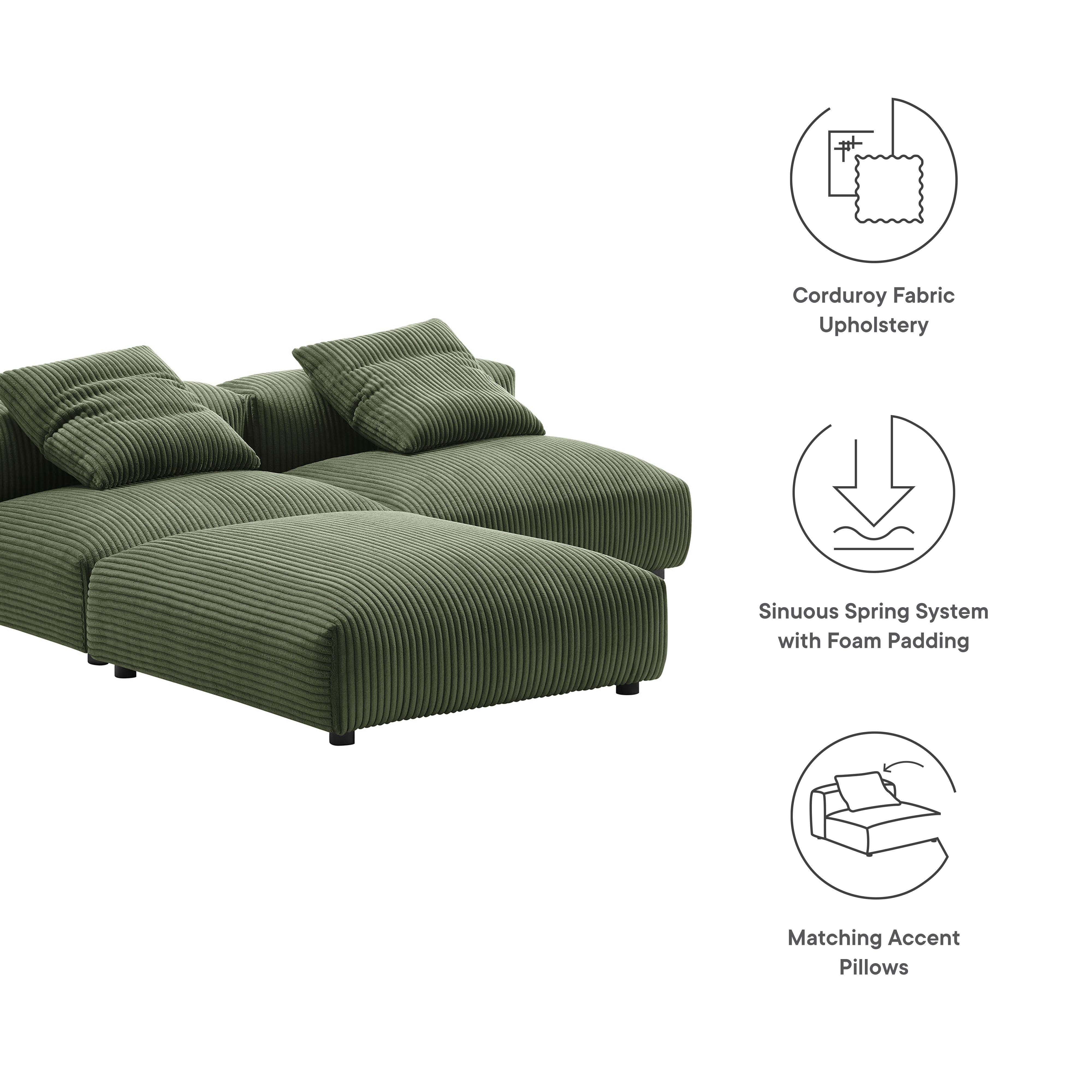 Solace 3-Piece Modular Corduroy Upholstered Sectional Sofa, Fern